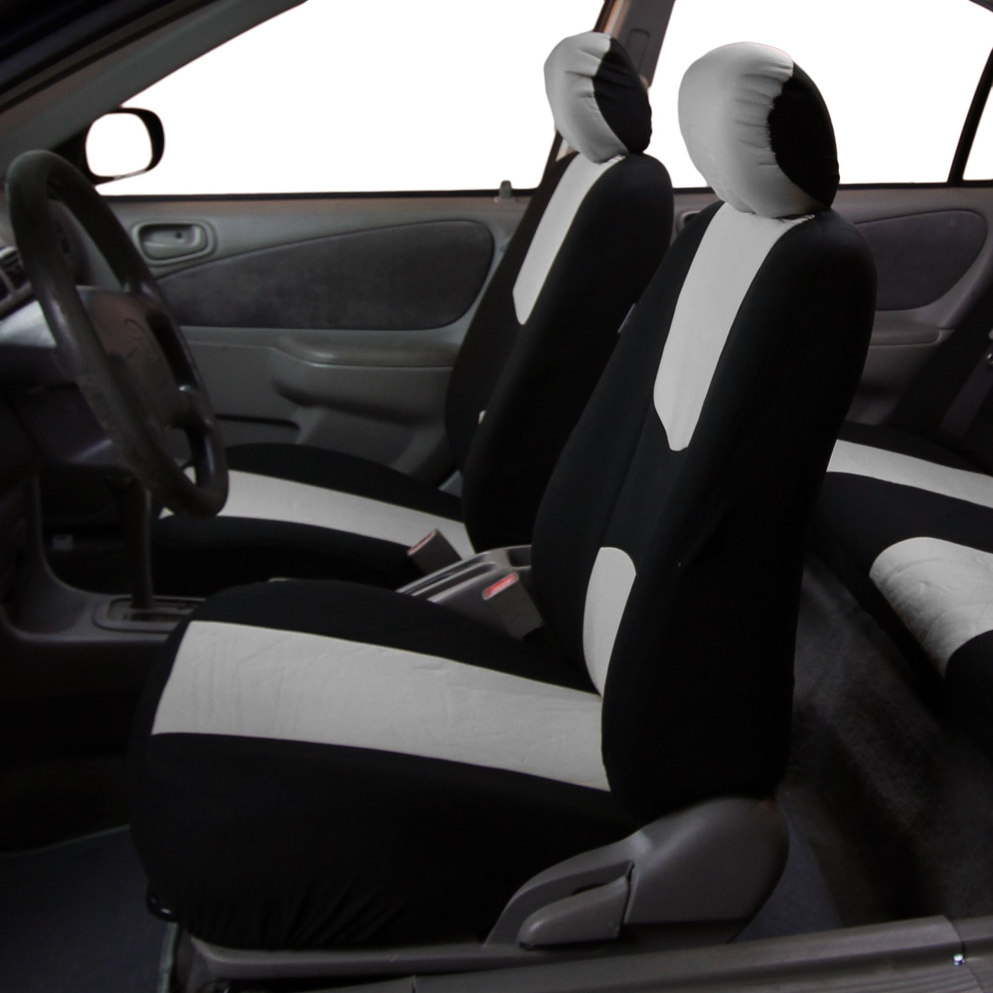 Fh Group Flat Cloth Seat Covers Front Seat And Solid Rear Bench Full Set With Gift - Universal Fit For Cars, Trucks & Suvs (Gray