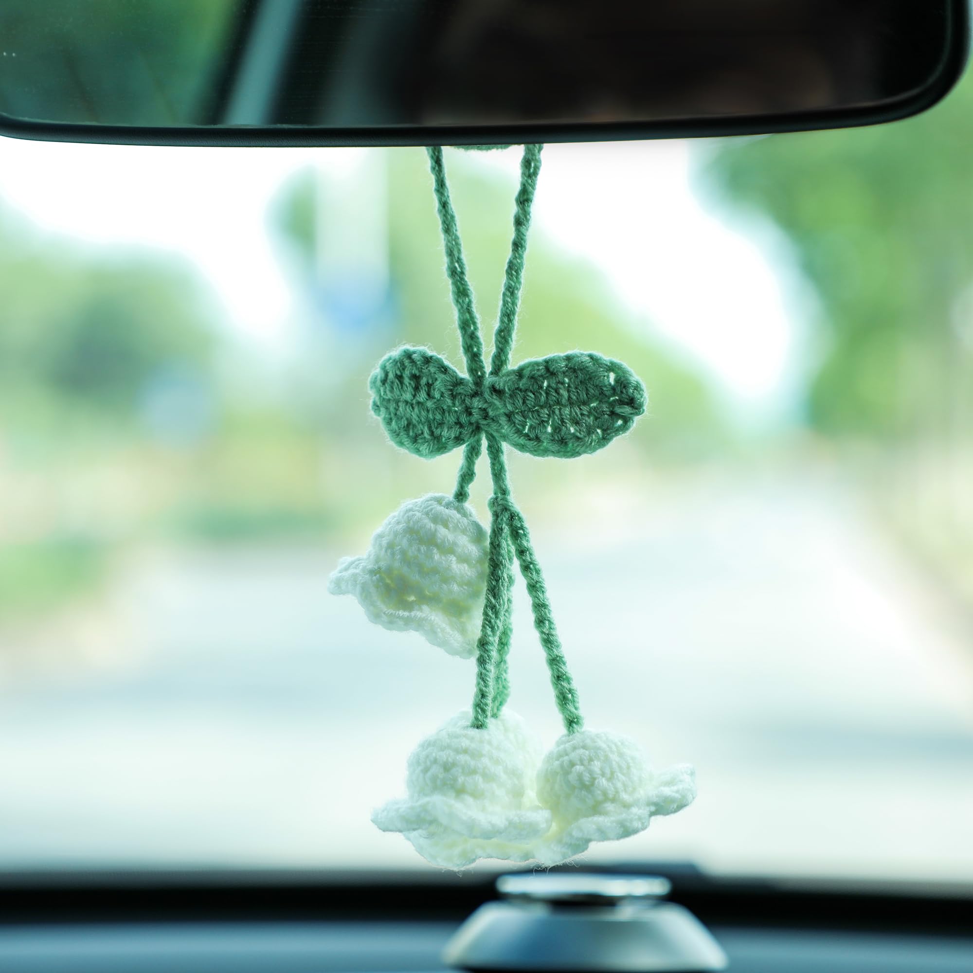 Car Mirror Hanging Accessories Lily Flower Handmade Knitted Car Pendant,Cute Car Decorations For Women Crochet Rearview Mirror A