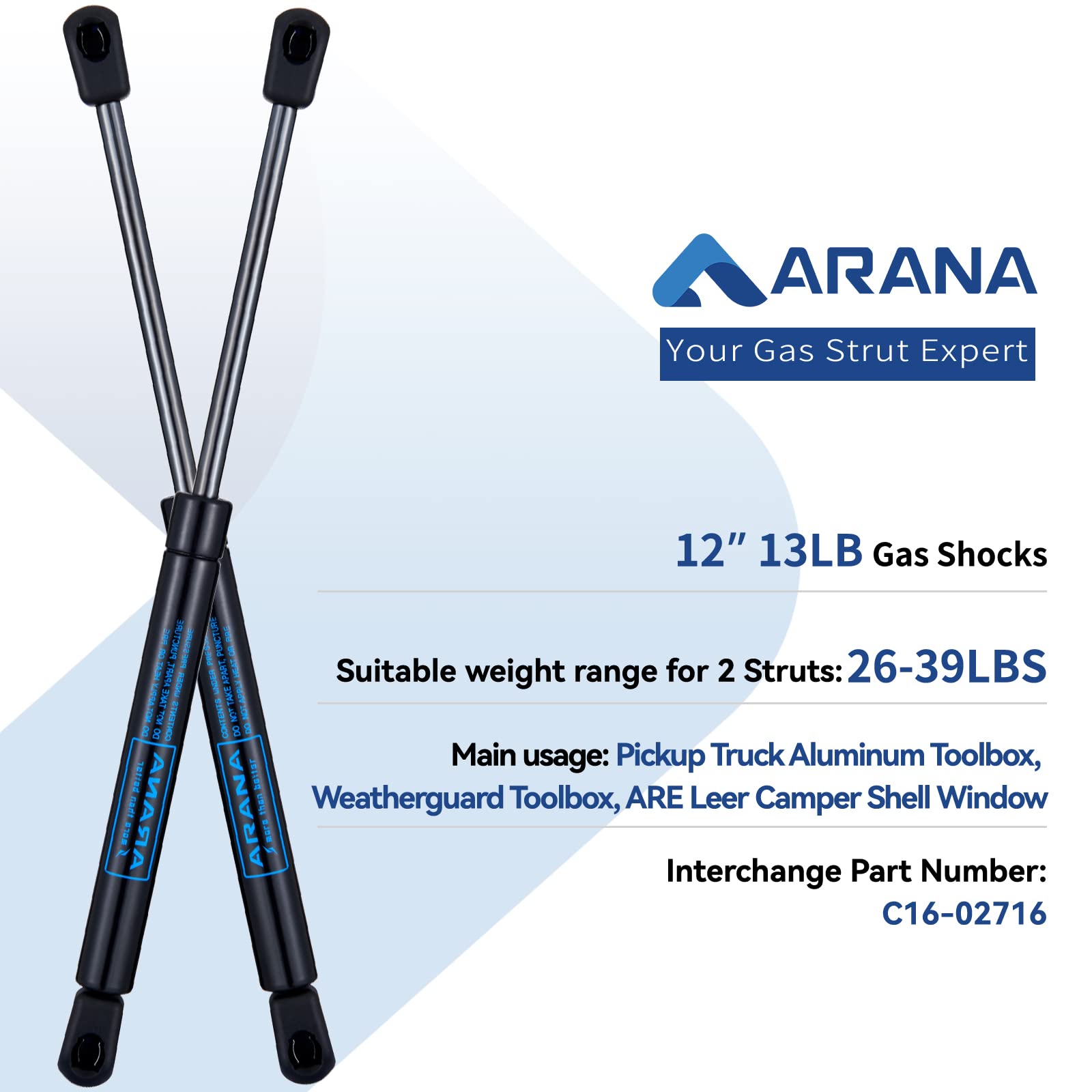 Arana C16-02716 12 Inch 15 Lb/58N Gas Struts Spring Shocks C1602716 12 Inch 15Lb Lift Support For Pickup Truck Aluminum Toolbox,