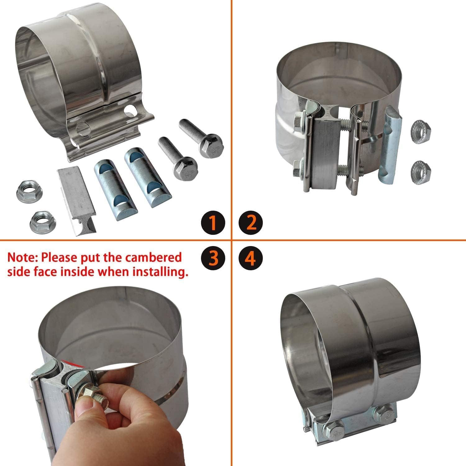 Exhaust Clamps Band Clamp 4'' Lap Joint - Stainless Steel Lap Joint With 1 Block 4Pcs For 4'' Od To 4'' Id Exhaust Pipe, Muffler