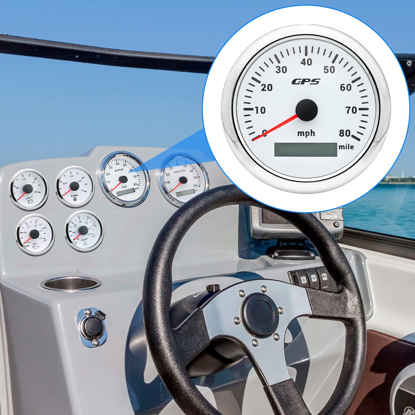 Artilaura Gps Speedometer Boat 85Mm 3-3/8'' 7 Color 80Mph Gauge Waterproof 9-32V For Marine Auto Car Motorcycle Truck (White)