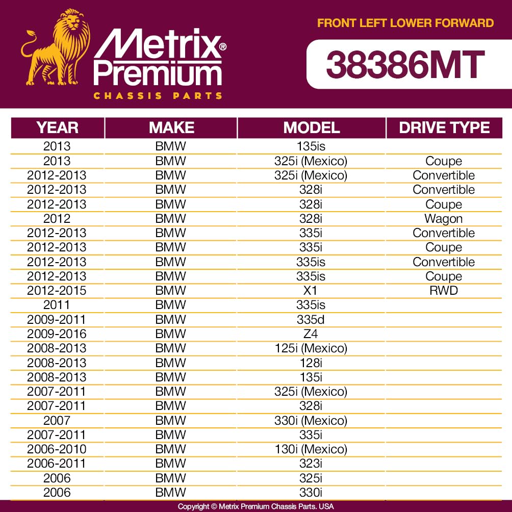 Metrix Premium Chassis Parts - Front Left Lower Forward Control Arm W Ball Joint & Bushing Assembly Fits 13 Bmw 135Is, 13 325I (