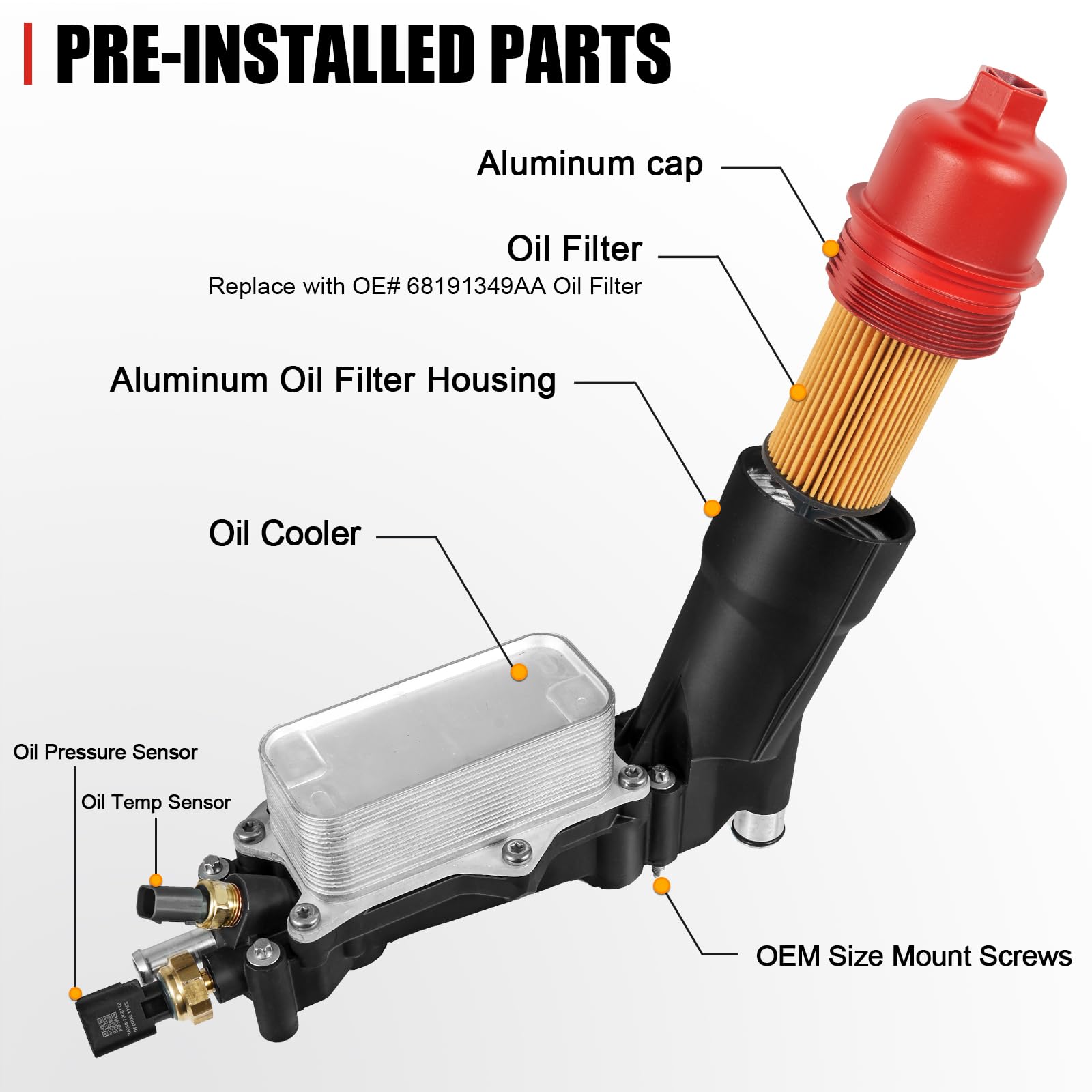 Somusen Aluminum Engine Oil Cooler Filter Housing with Sensors, Gaskets, Compatible with 2011-2016 Chrysler/Dodge Models, Red Cap