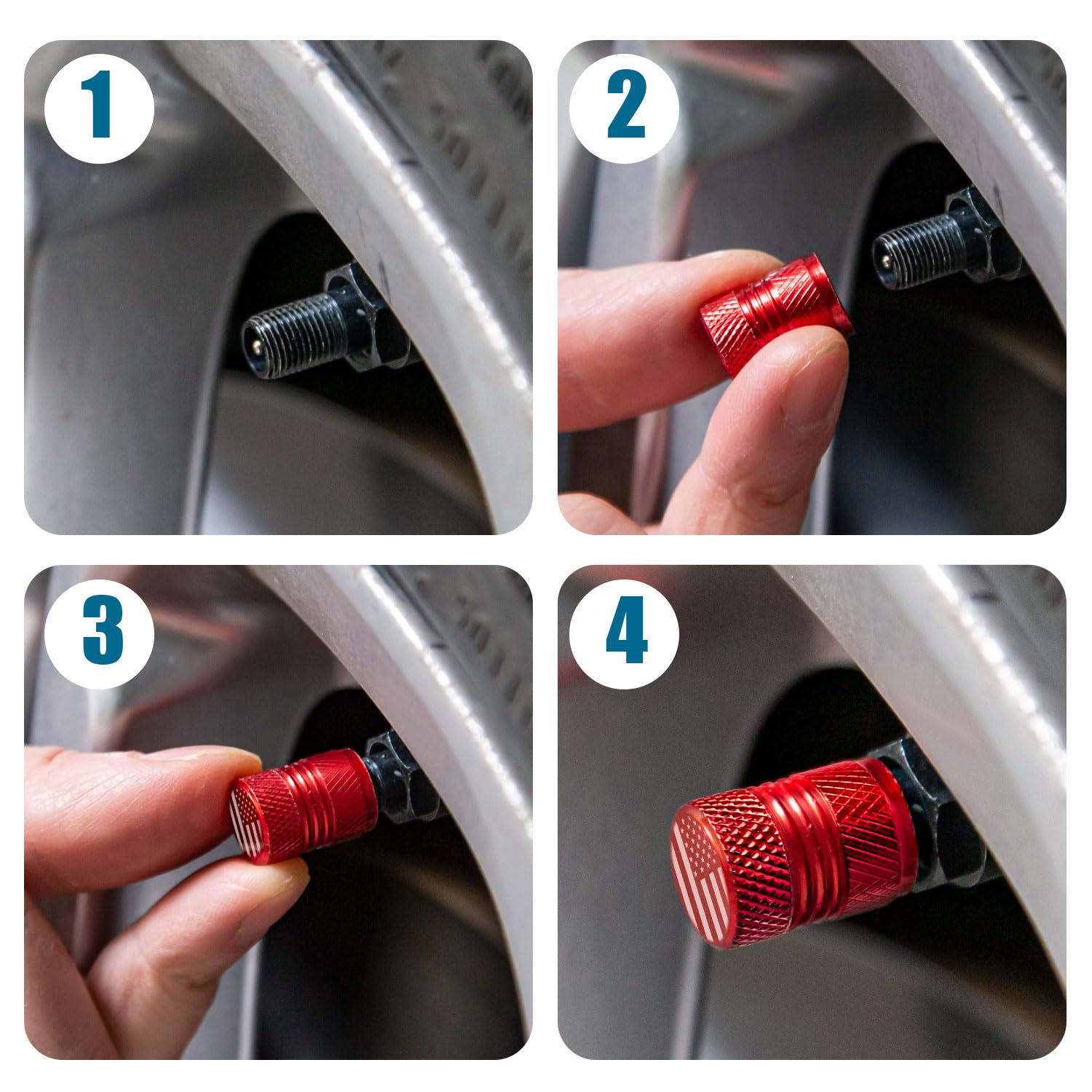 Tire Valve Stem Caps - 4 Pack Anti-Corrosion Premium Anodized Alloy Tyre Air Valve Caps American Flag For Car Suv Bike Red