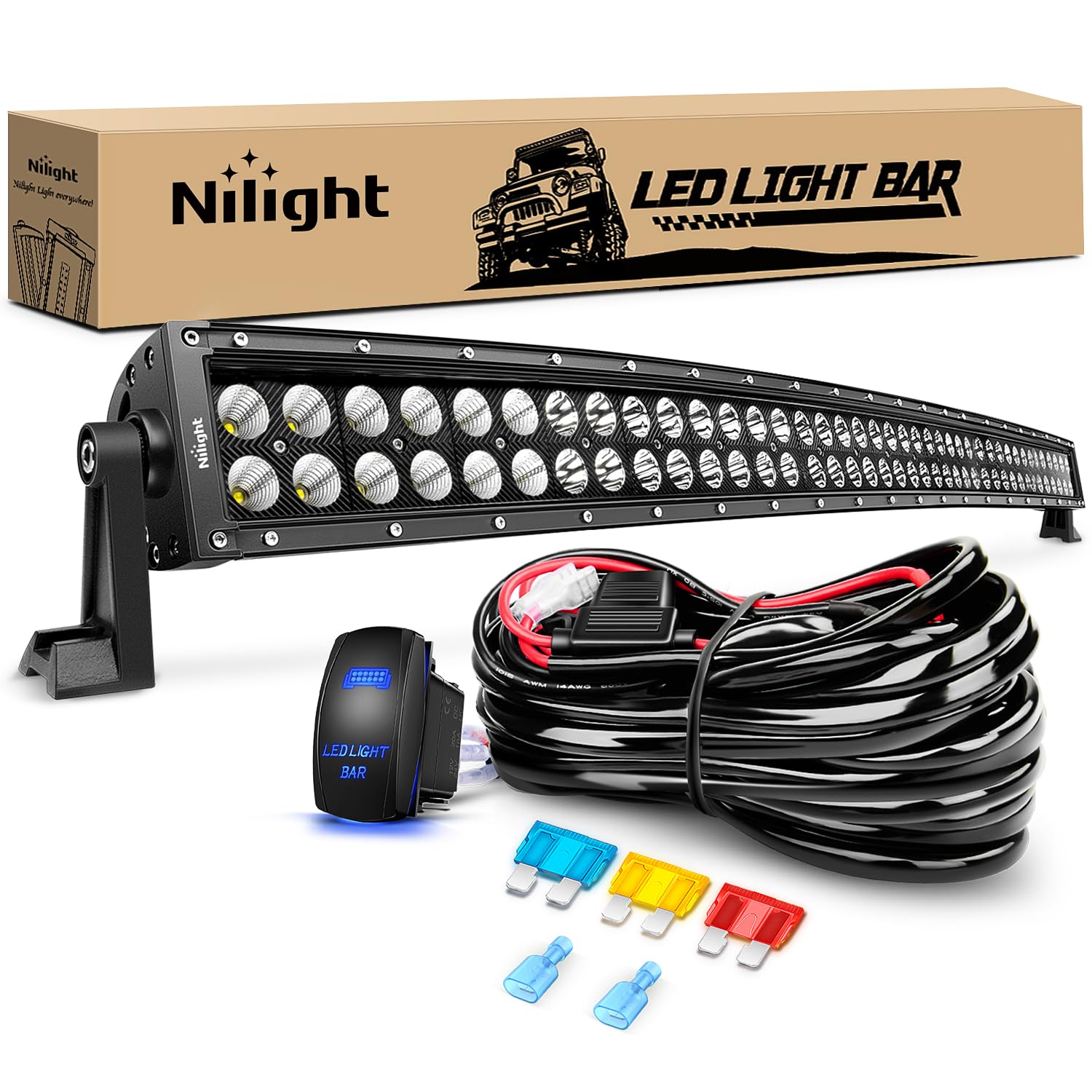 Nilight 42Inch 240W Curved Led Light Bar Spot Flood Combo Led Off Road Lights And 14Awg 5Pin Rocker Switch Wiring Harness Kit Fo