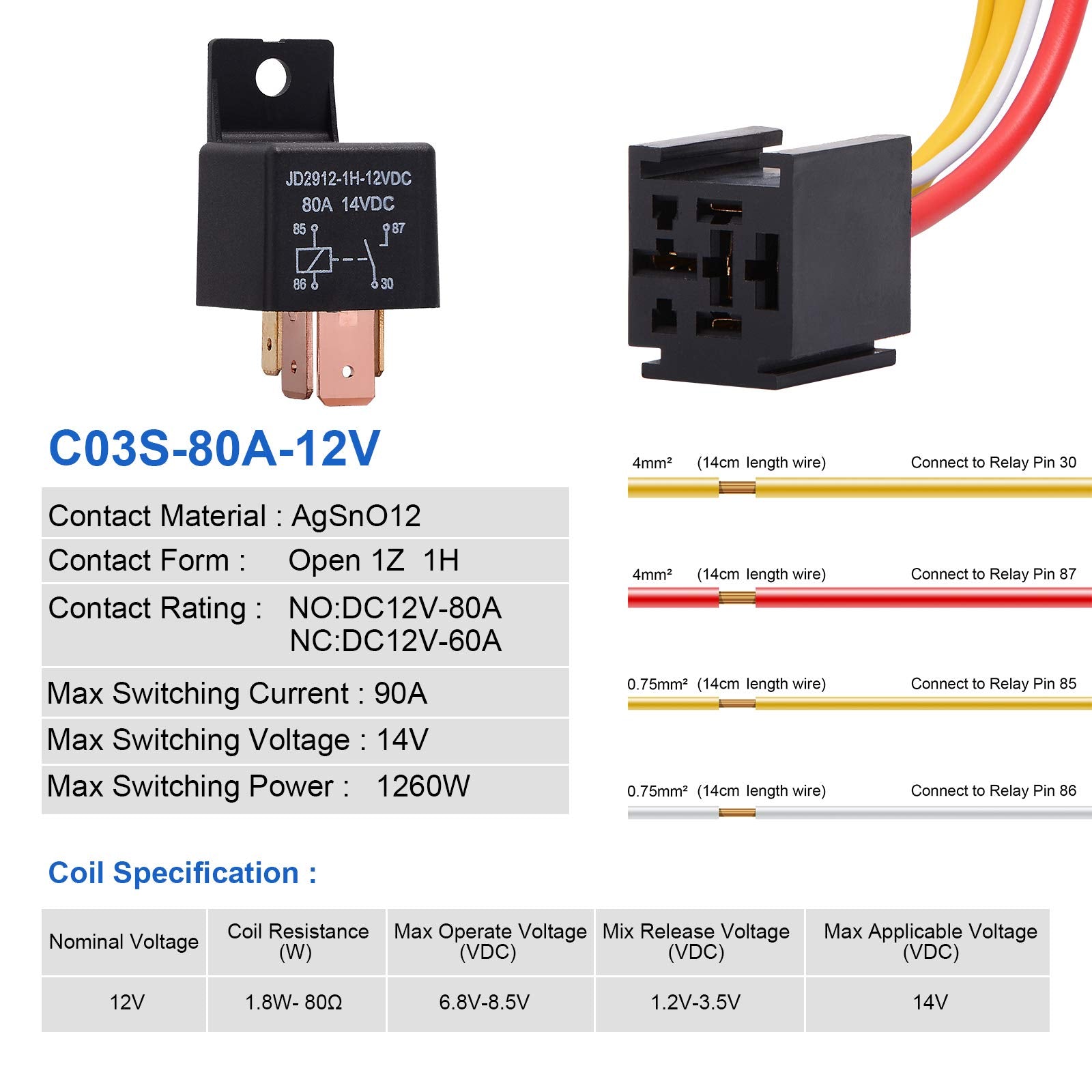 Ehdis 4-Pin Relay With Harness Car Truck Motor Heavy Duty 80A 12V On/Off Normally Open Spst Relay Socket Plug 4 Wire Automotive Relay Model Jd2912-1H-12Vdc 80A 14Vdc,Pack Of 5