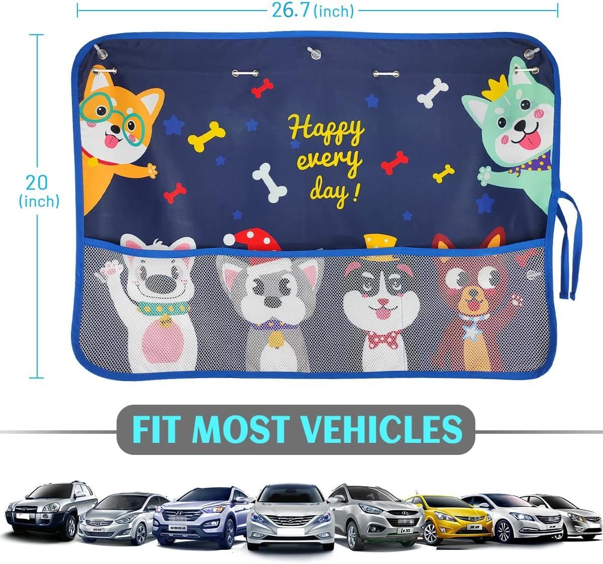 DIZA100 Car Window Shade for Baby(2 Pack), Blackout Car Sun Shades with Storage Pockets 7 Suction Cups Car Window Curtain Cute P