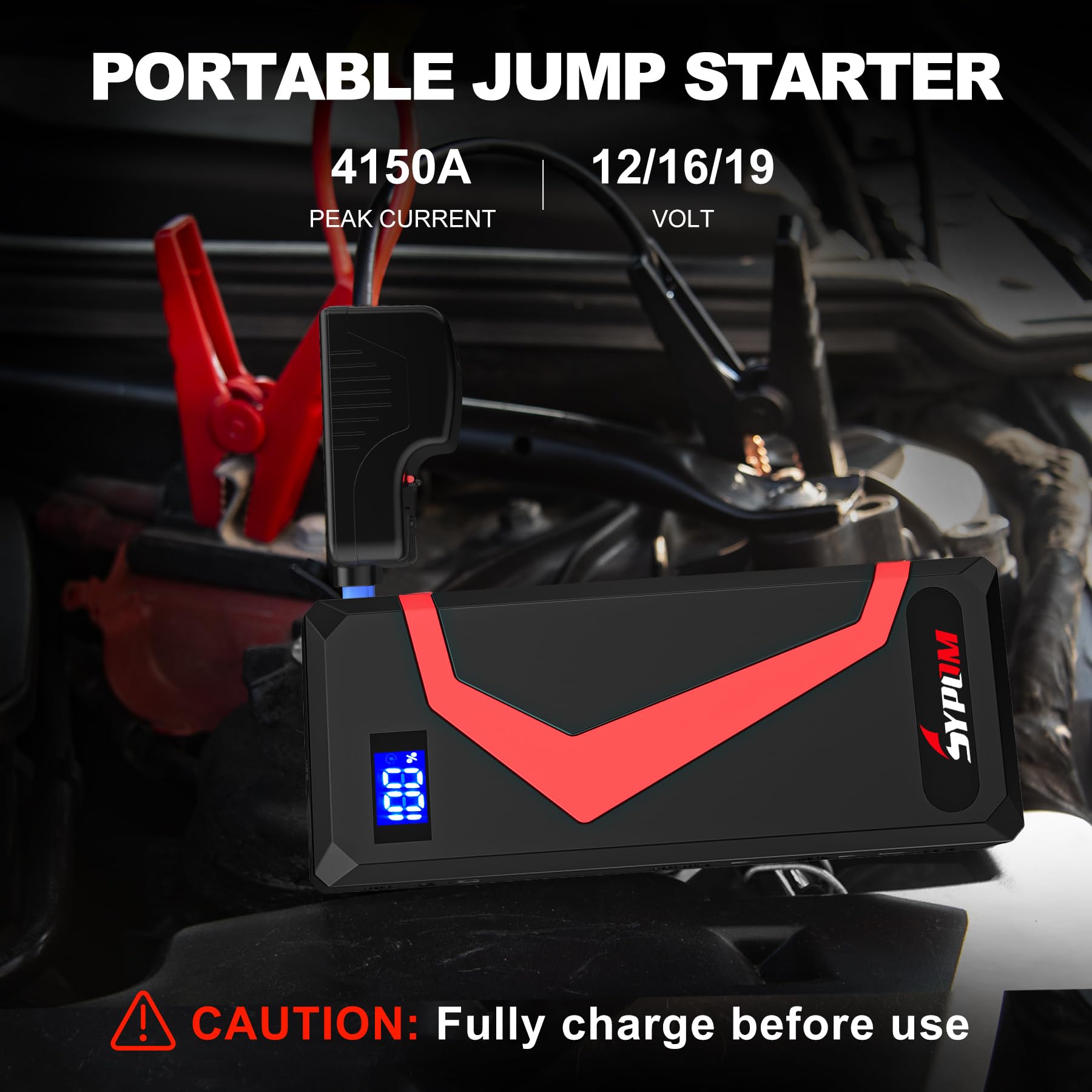 SYPOM 4150A Peak Jump Starter - 12V Portable Battery Pack for Gas/Diesel, Dual USB Power Bank, Emergency Light, Red