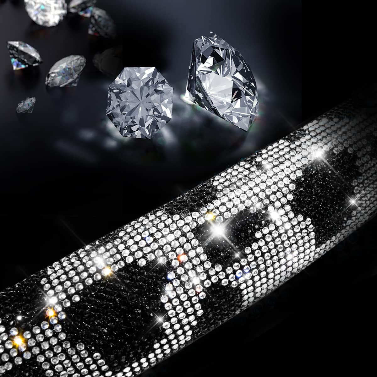 Car Pass Bling Cow Print Diamond Steering Wheel Cover, With Sparkly Crystal Glitter Rhinestones Black Leather Car Wheel Protect