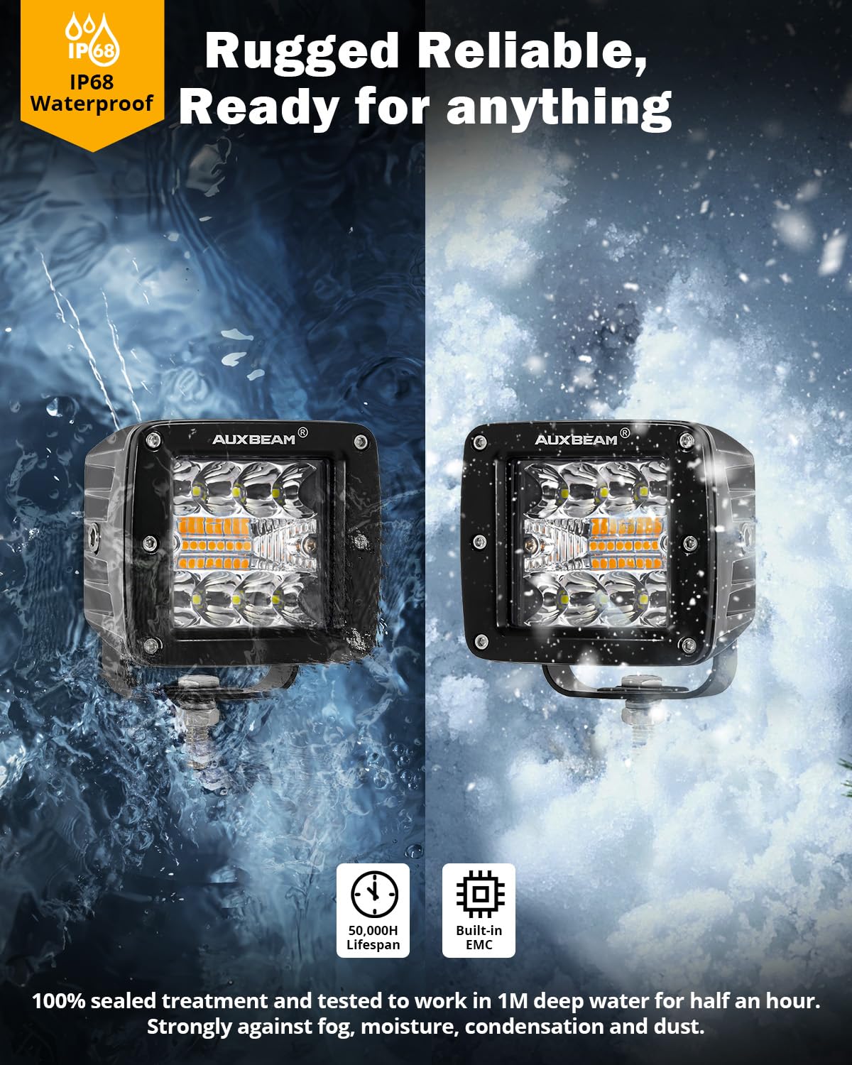Auxbeam 3-Inch LED Amber Light Pods, 72W Strobe Bar, Dual Color Amber White, Polycarbonate, Model ZDVE000650-FBA