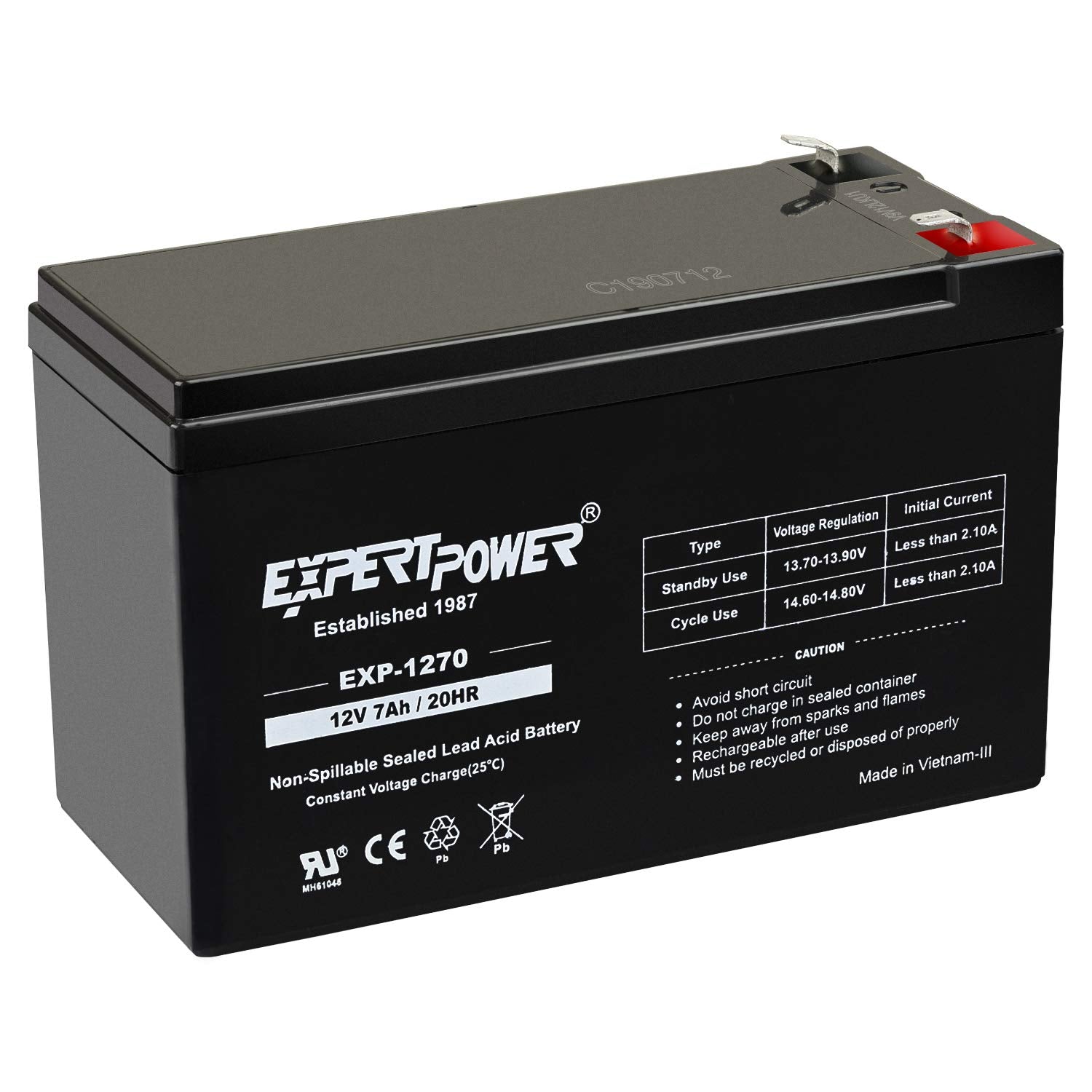 ExpertPower 12V 7AH Rechargeable SLA Battery - Model EXP1270-2, Pack of 1