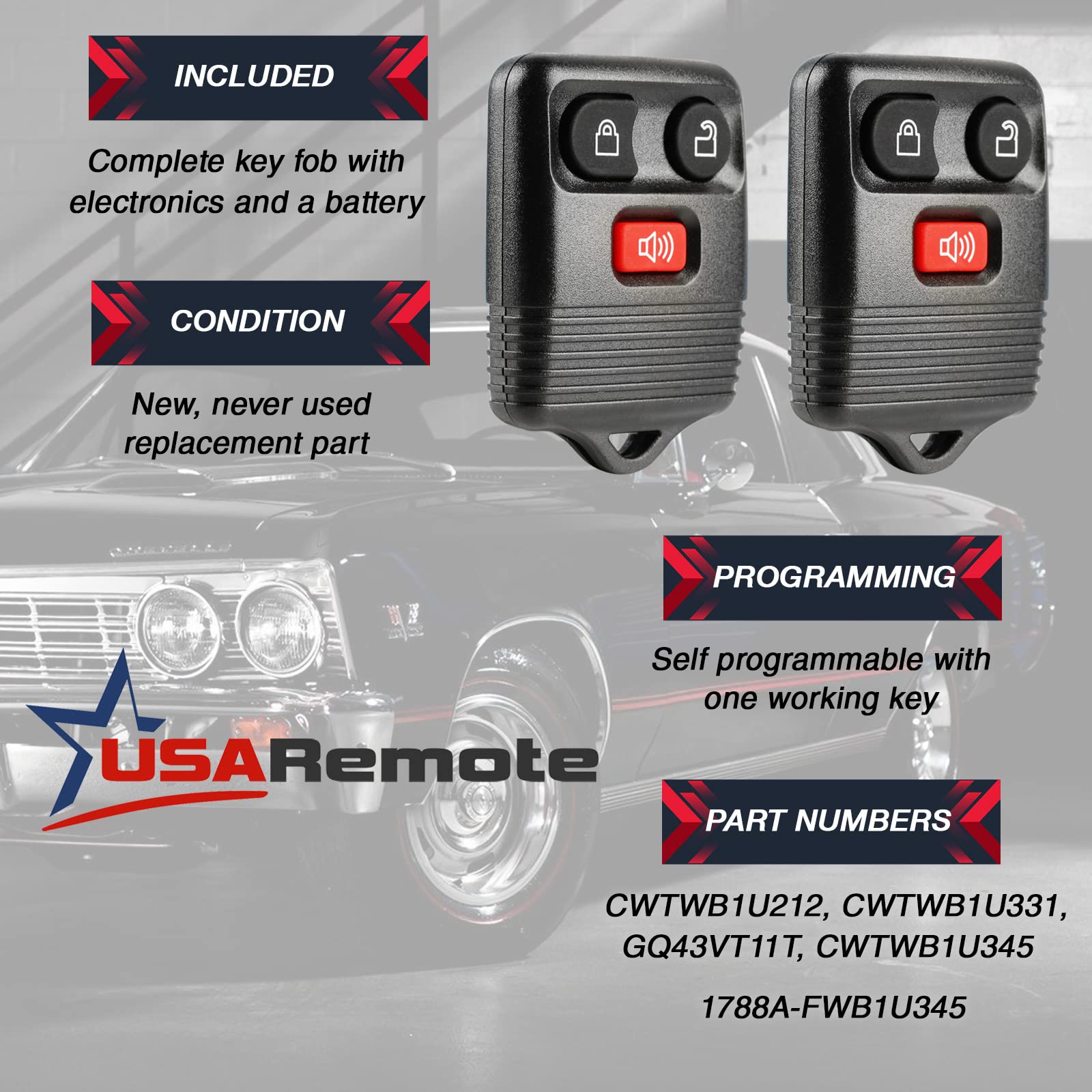 USARemote Key Fob Keyless Entry Remote for Ford/Lincoln/Mazda, Set of 2, 3-Button, Model f-345-3btn