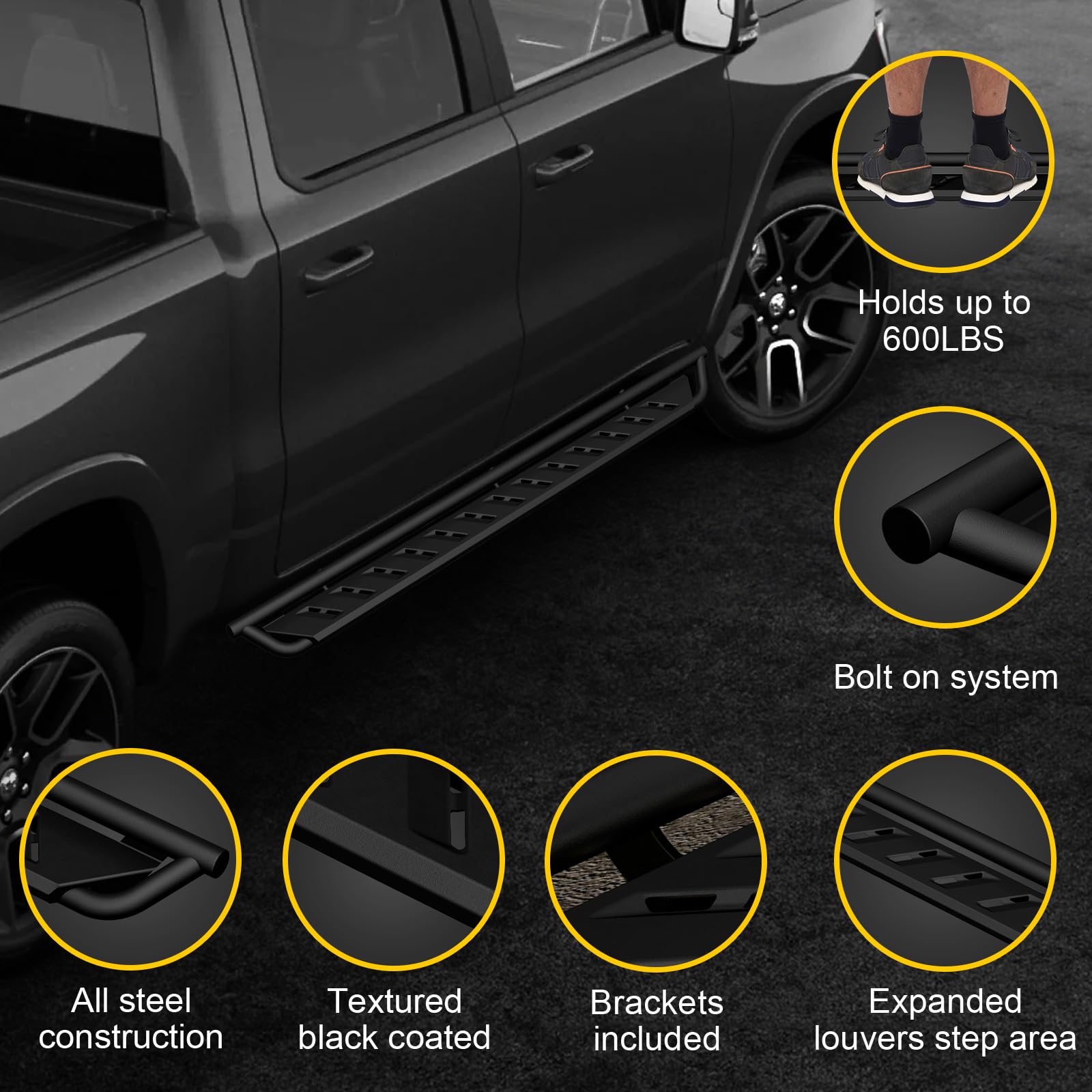 ONINE Clutch Drop Running Board, Crew Cab Drop Nerf Bar, Alloy Steel, Textured Black, Fits 2019-2025 Chevy Silverado/GMC Sierra 1500/2500/