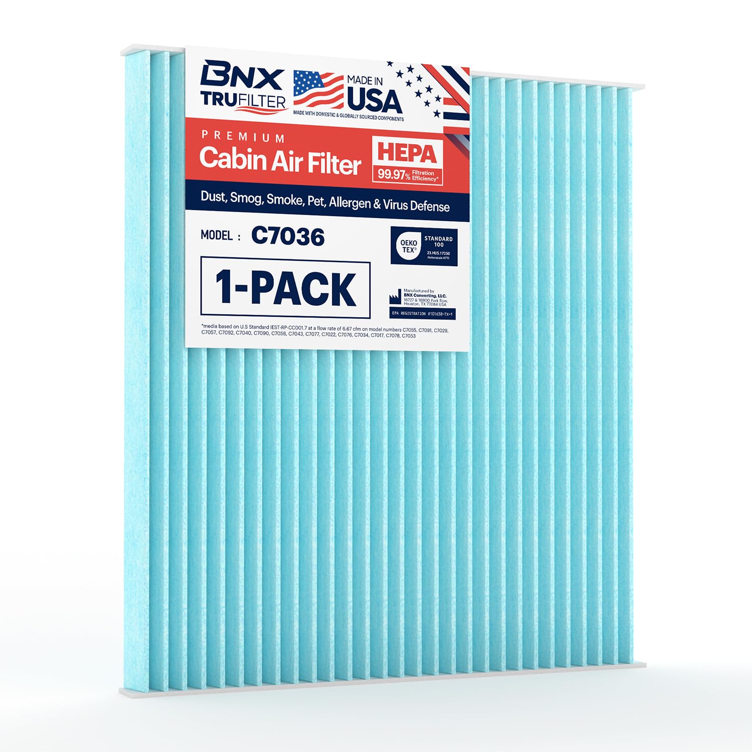 Bnx Trufilter C7036 Cabin Air Filter, Hepa 99.97%, Compatible With Hyundai Accent, Genesis Coupe, Tucson, Veloster, Kia Forte, F