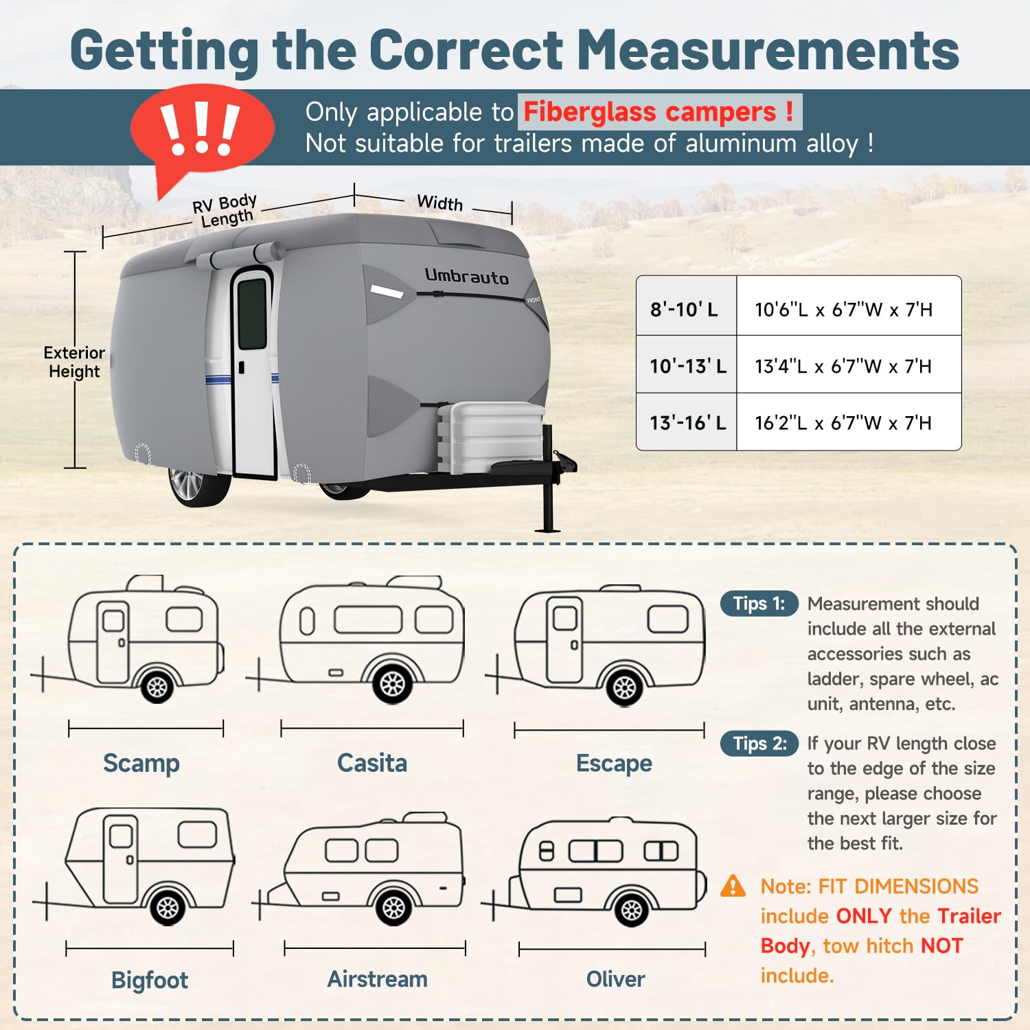 Umbrauto Fiberglass Travel Trailer Cover, 7-Layer RV Cover for 8-10FT Trailers, Windproof Strap, Adhesive Repair Patches