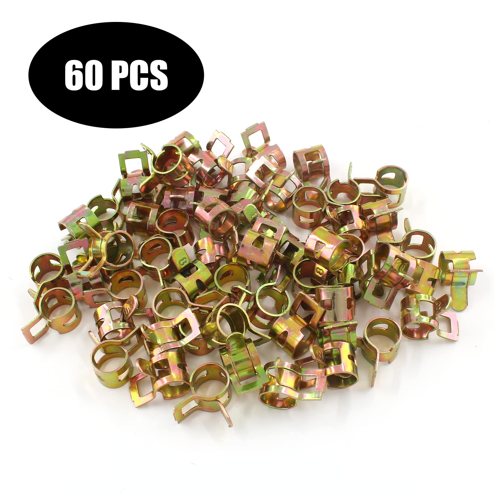 Rierdge 60 Pcs 8Mm Id Spring Band Type Clamps, 5/16'' Fuel Hose Clamps Fasteners, Golden Spring Hose Clip For Fuel Hose Line Wat