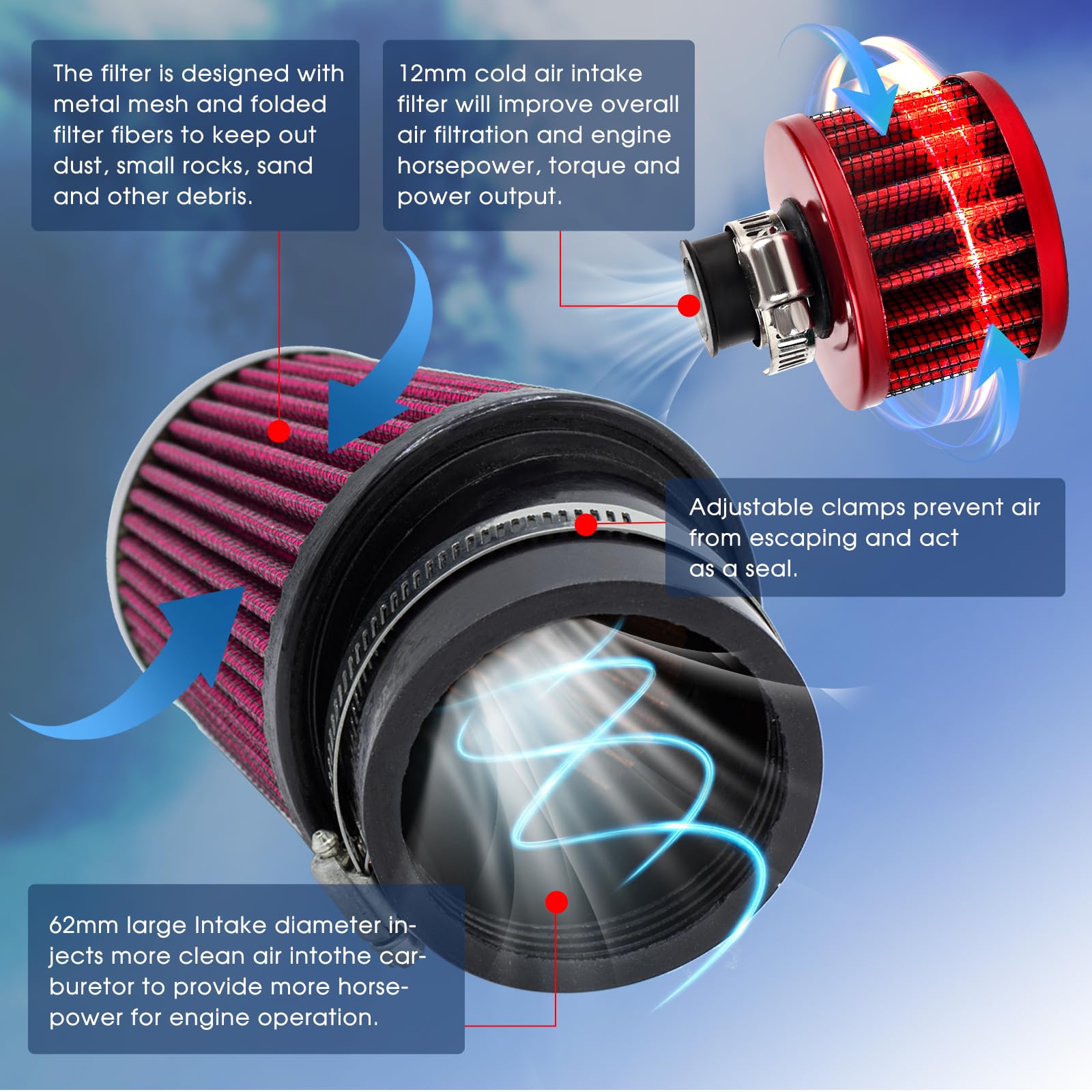Mini Bike Upgraded Air Filter Kit For Predator 212Cc Coleman Ct200U Ct200U-Ex Bt200X Kt196 196Cc Baja Warrior Mb165 Mb200 Mini B