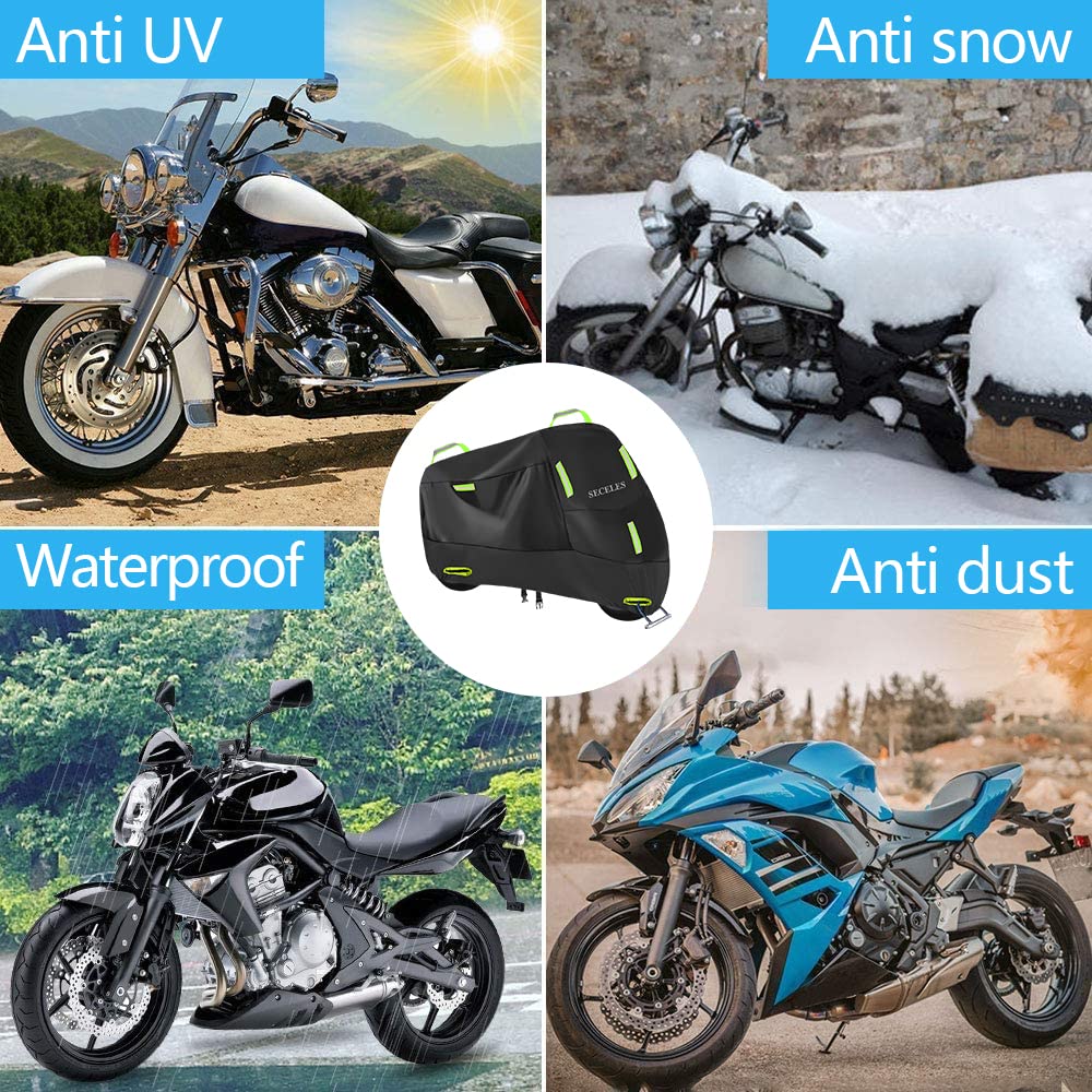 Motorcycle Cover Waterproof Outdoor All Weather 300D Oxford Fabric 2 Windproof Buckles 7 Reflective Stripes Waterproof Inner Tap