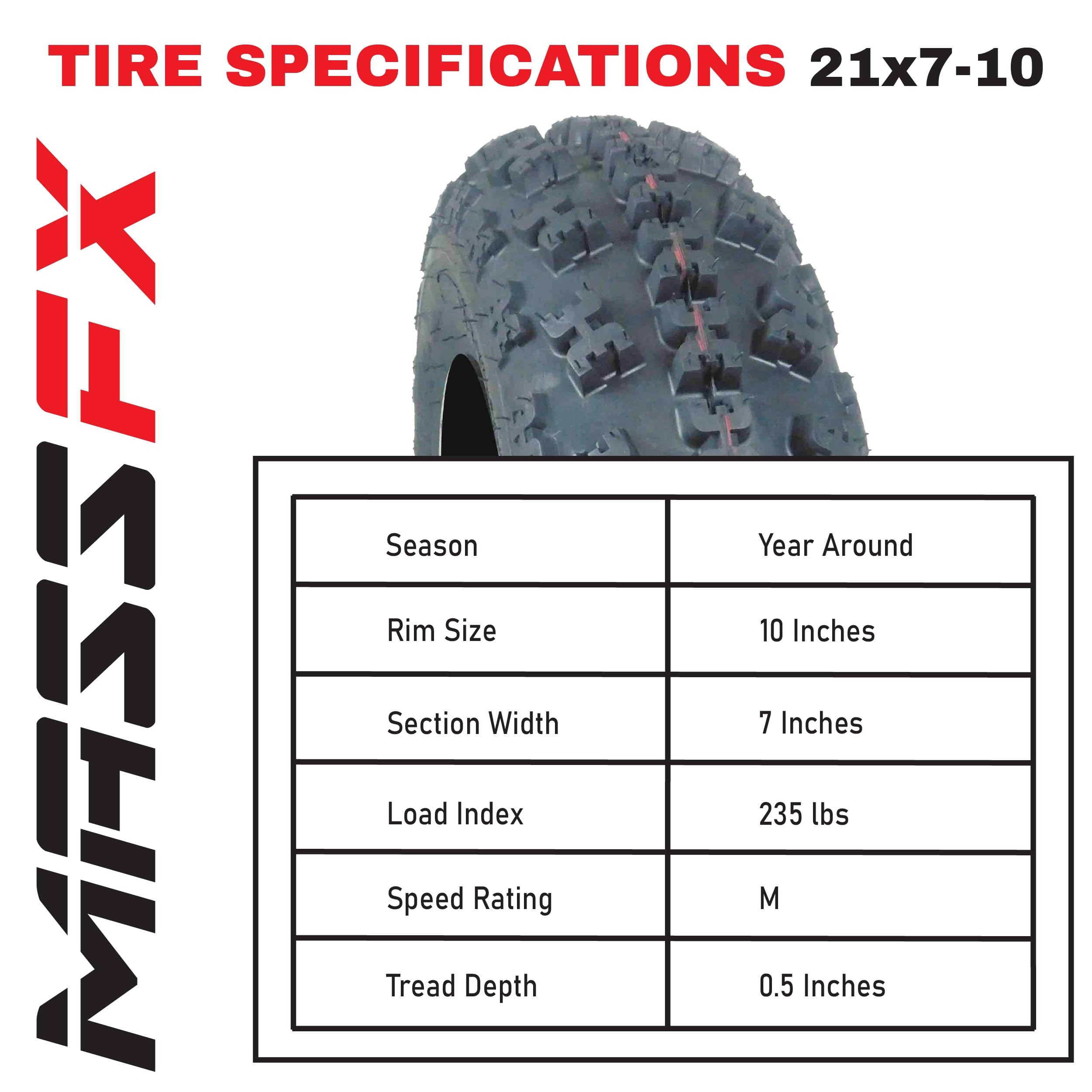 MASSFX 21x7-10 & 20x10-9 Tire Set - 4-Ply All-Terrain Tires for ATV, UTV, SxS - 15mm T