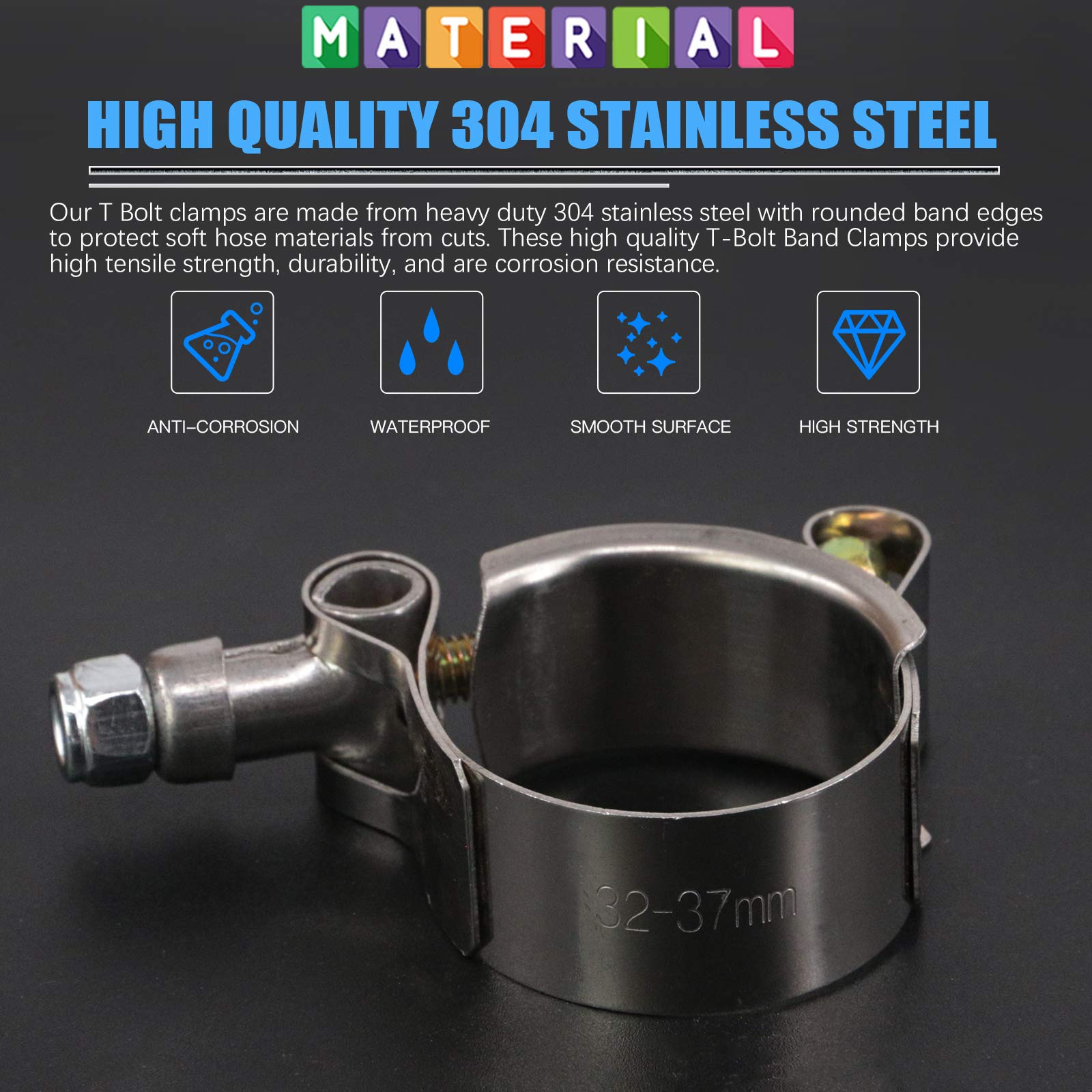 Glarks 8Pcs 32-37Mm Stainless Steel T-Bolt Hose Clamps Turbo Intake Soft Hose Intercooler Clamps