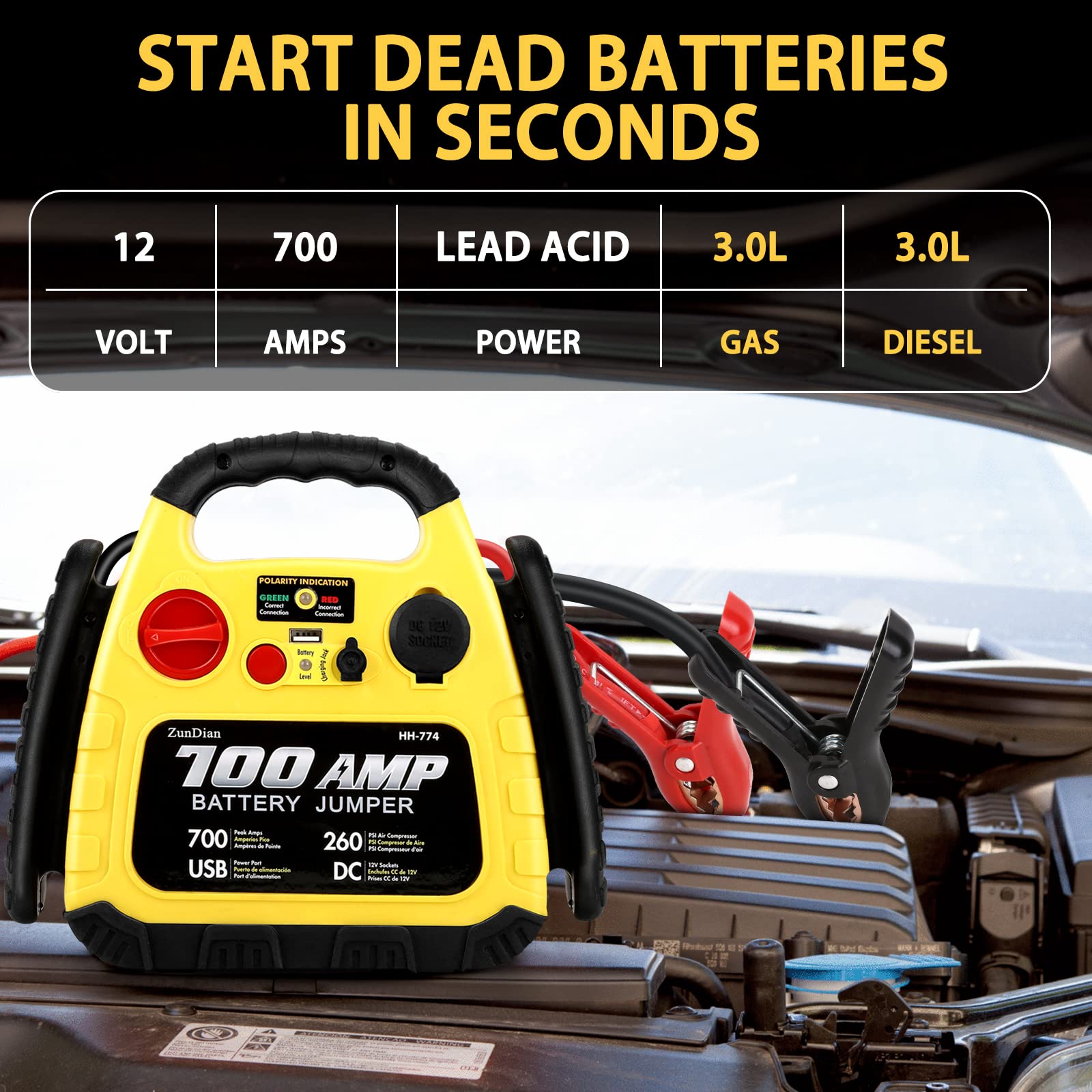 Zundian Jump Starter With Air Compressor 260Psi, 1000A Portable Car Jump Starter, 4-In-1 Battery Booster Pack For Vehicles(3L Ga