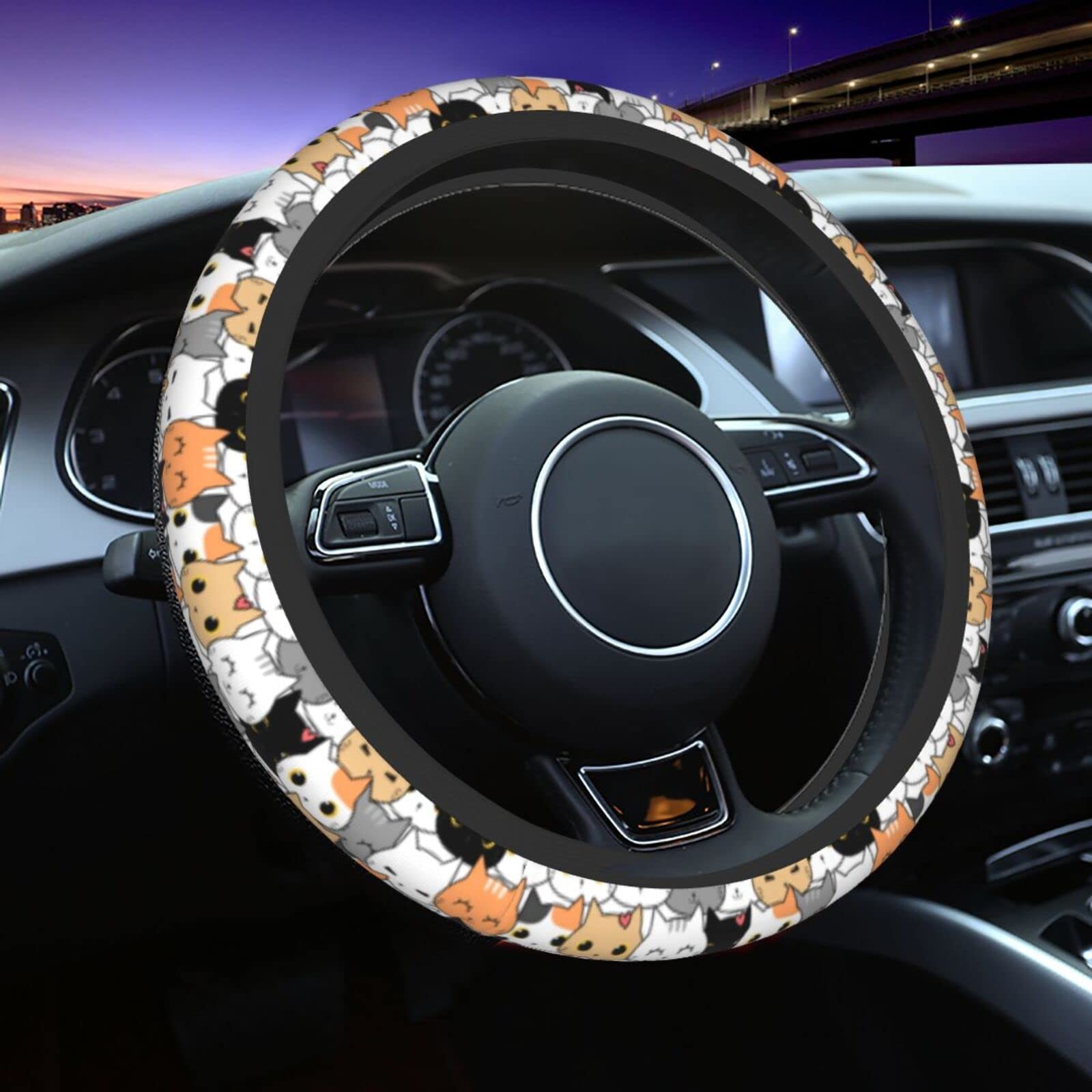 Cat Steering Wheel Cover for Women Men with 2 Pcs Car Coasters, Universal 14.5-15 Inch Cute Steering Wheel Covers Non-Slip Car A