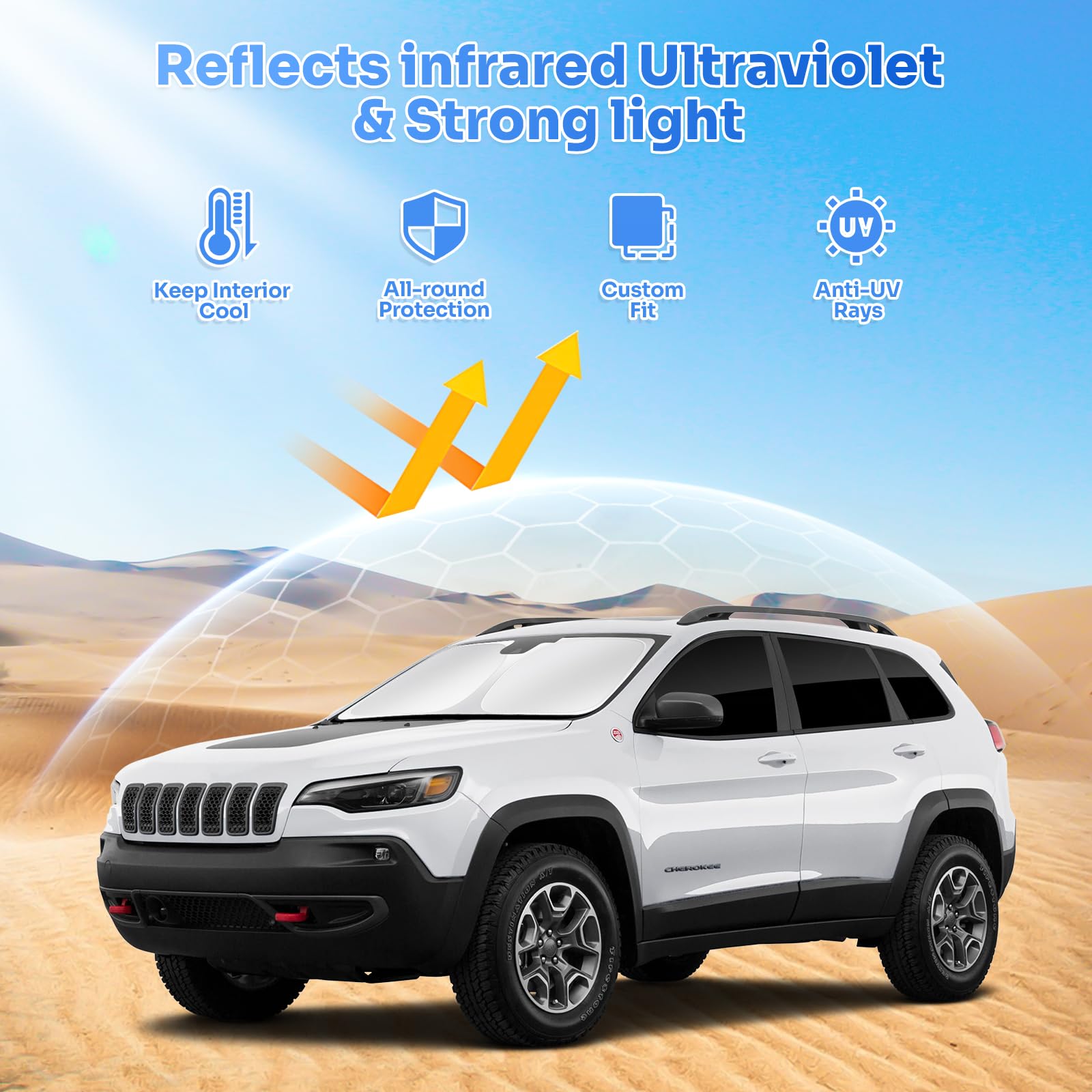 Canvcle Windshield Sun Shades for Jeep Cherokee 2014-2023, Black Polyester, 8PCS, Side & Rear Window Shade Cover
