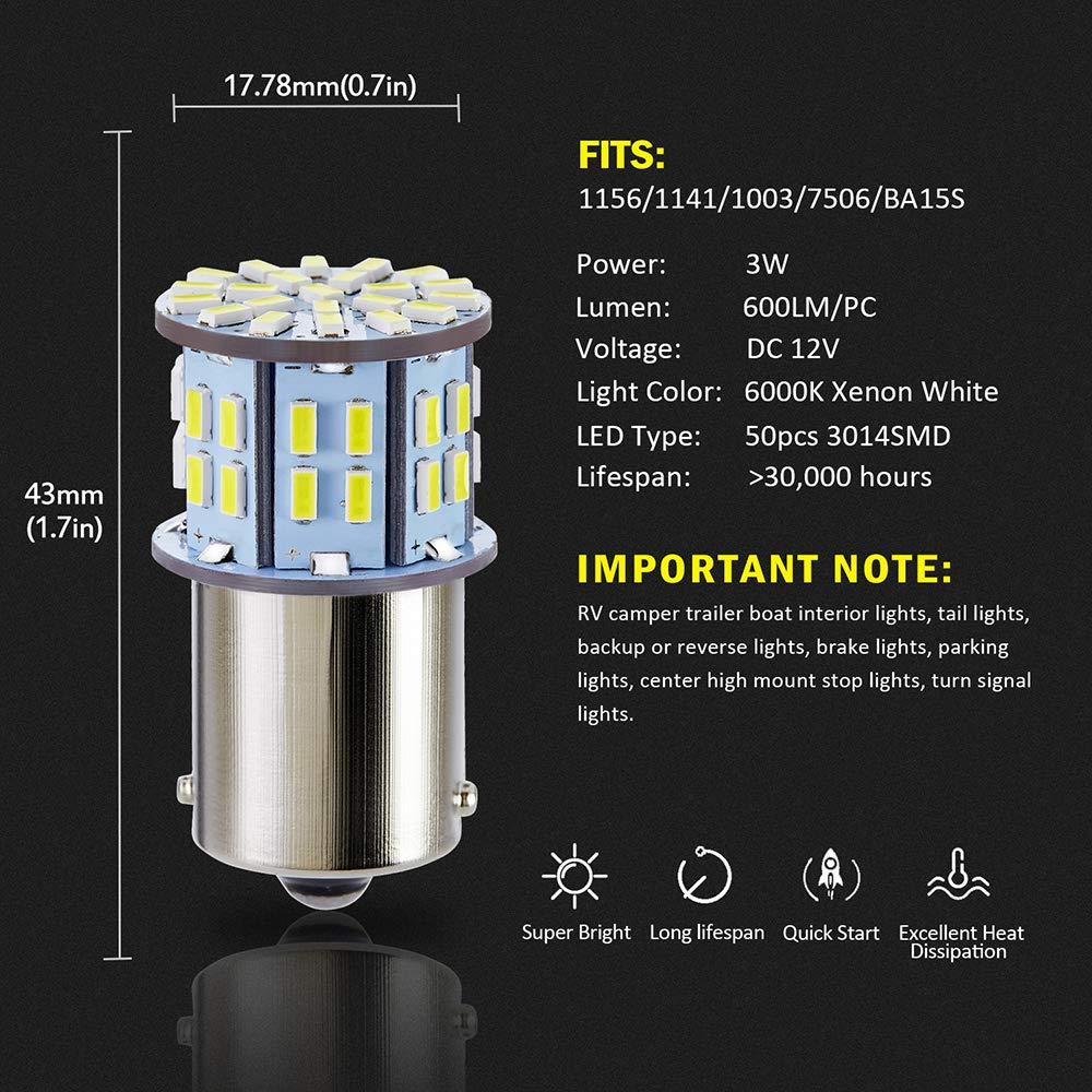 Auxlight 20 Pcs 1156 1141 1003 7506 Ba15S Rv Interior Light Bulbs, Super Bright 50Smd Led Replacement For 12 Volt Rv Camper Trailer Boat Trunk Interior Lights (6000K Xenon White)