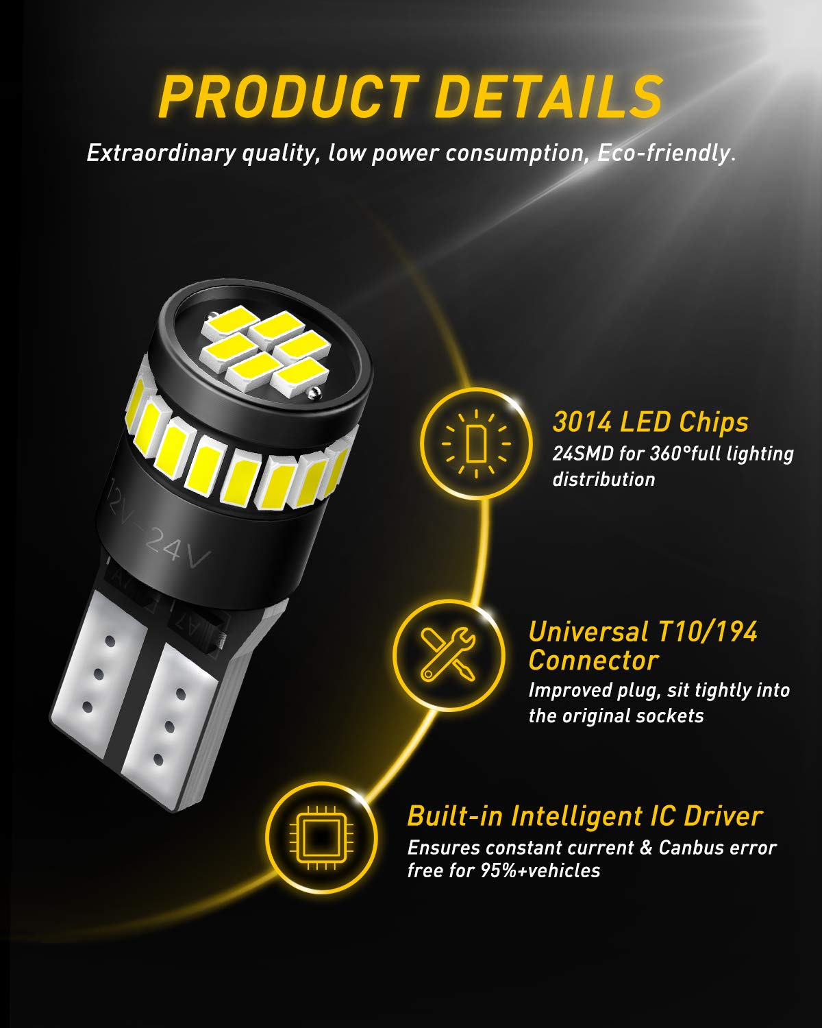 Auxito 194 Led Bulbs For License Plate Light 168 175 2825 W5W T10 24-Smd 3014 Chipsets 6000K White For Car Dome Door Map Dash Co
