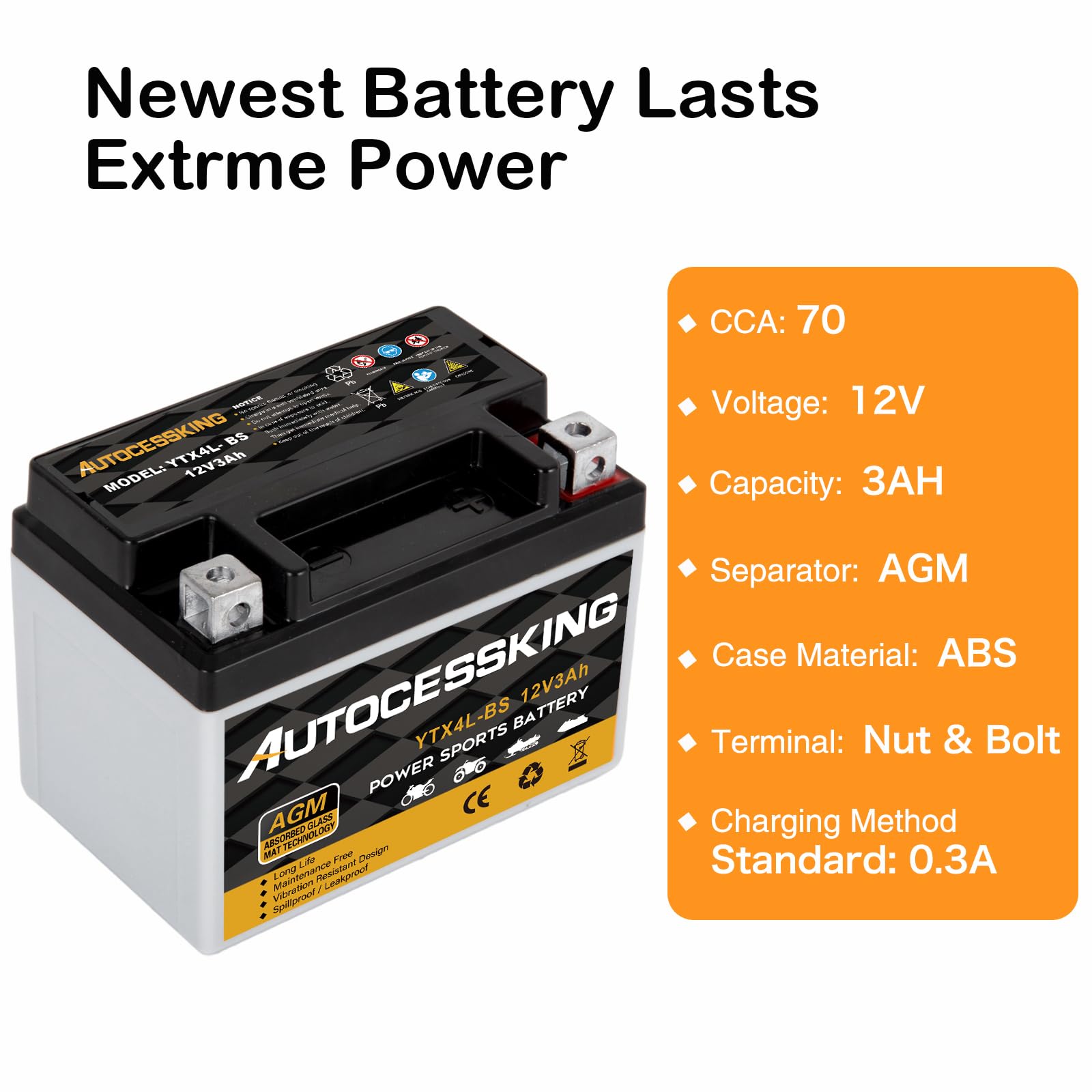 Autocessking YTX4L-BS 12V 3Ah Motorcycle Battery - Maintenance Free AGM Powersport Replacement for ATV and Scooter
