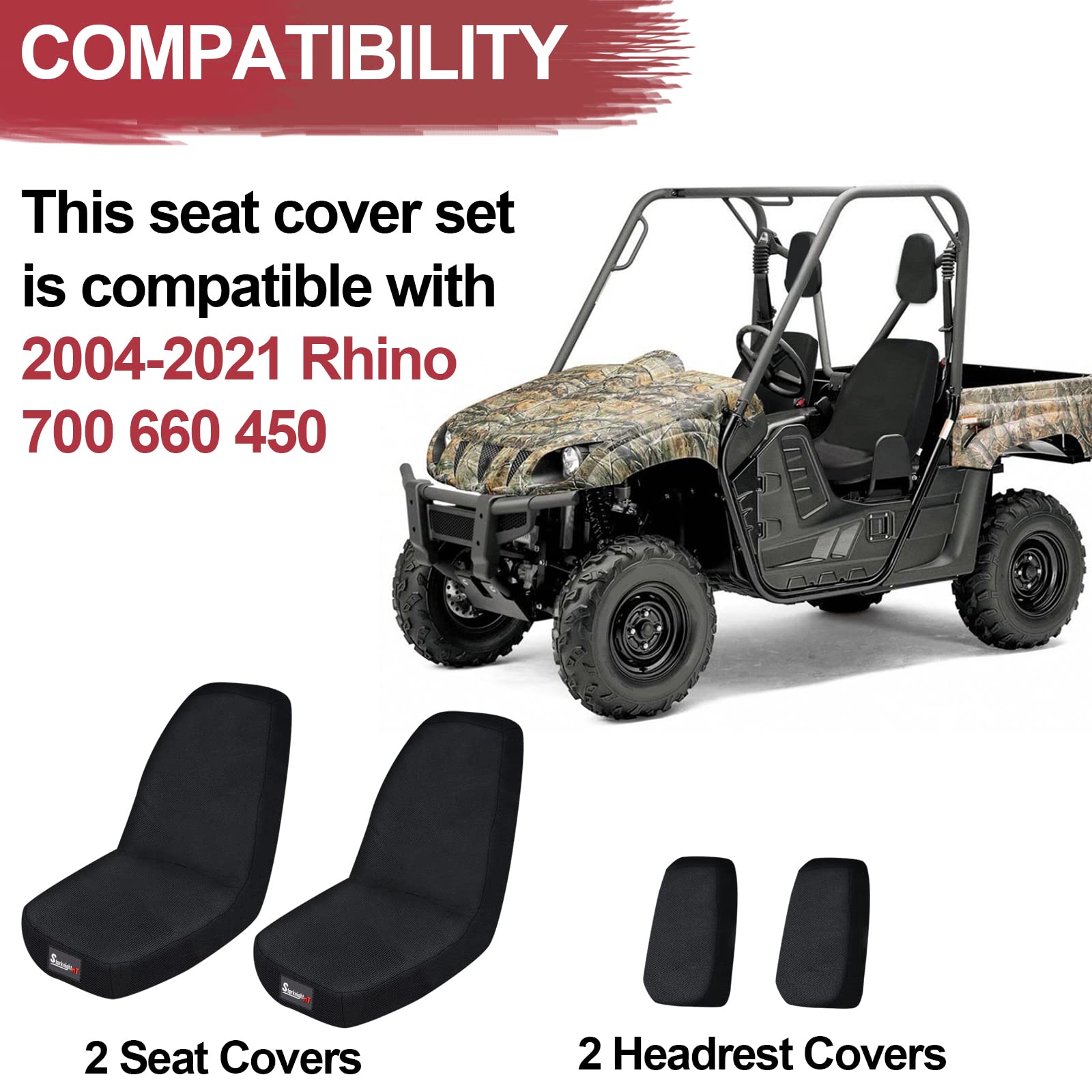StarknightMT UTV Rhino Seat Covers, Water-Resistant 1680D Fabric, Black, Compatible with Rhino 700/660/450 (2004-2021)