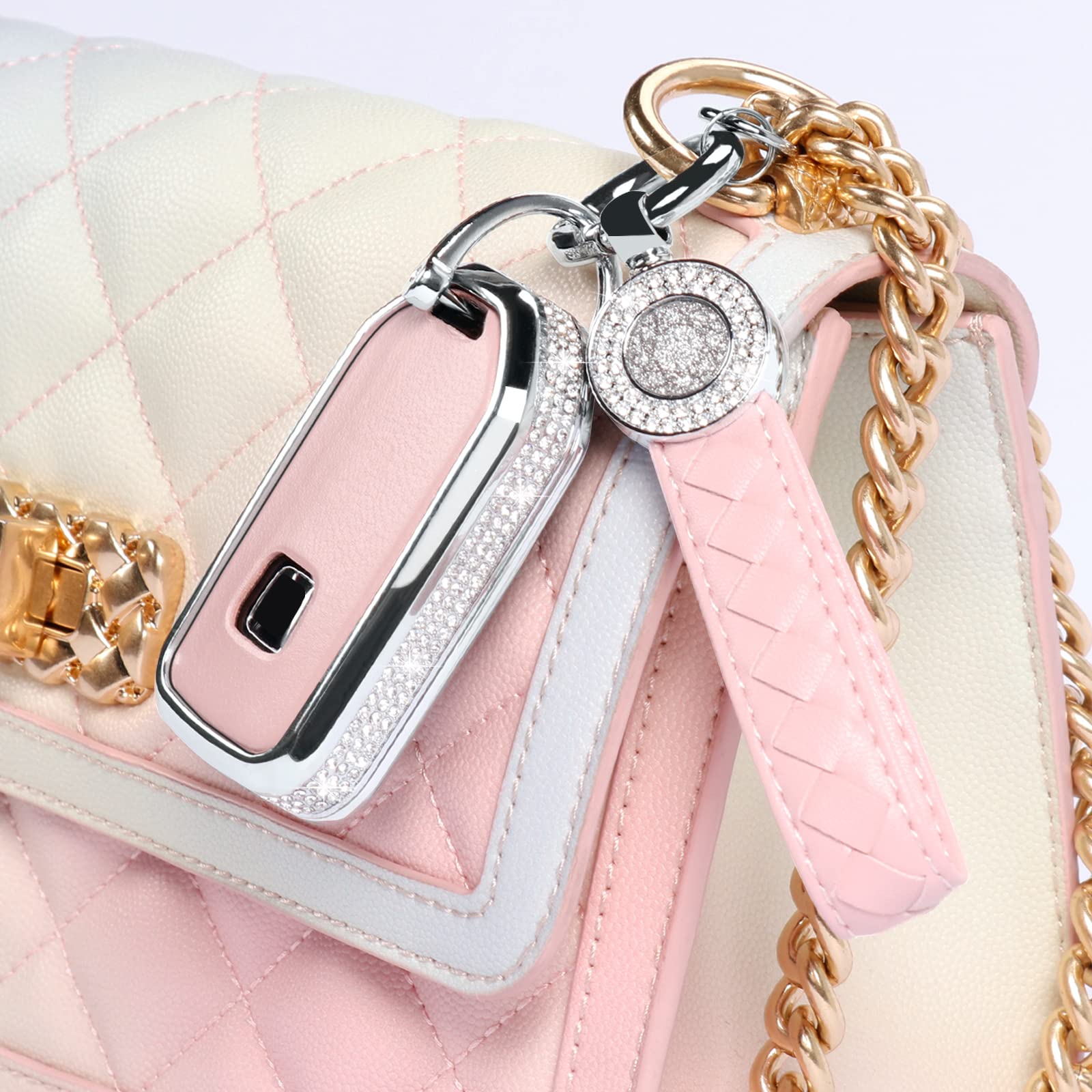 Ruabiban For Honda Key Fob Cover With Keychain, Pink Leather Crystal Key Case Protection Shell Compatible With Honda Accord Civi