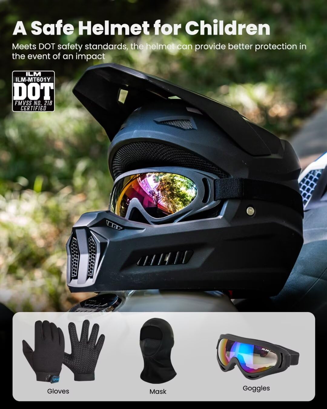 ILM Youth Dirt Bike Helmets Kids ATV Helmet Motorcross BMX Off Road Motorbike with Goggles Gloves Mask DOT Model MT601Y (Matte B