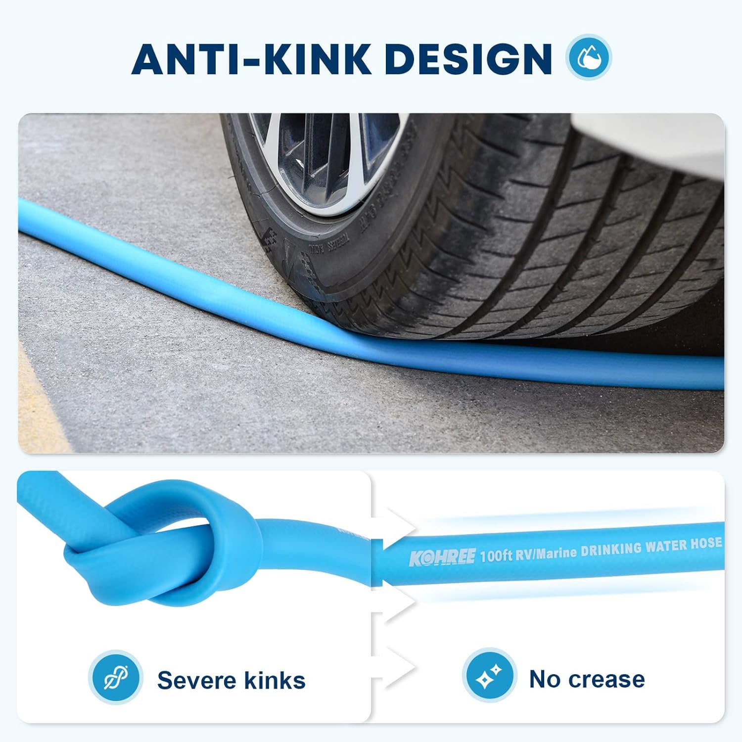 Kohree 100 FT RV Water Hose - 5/8" Drinking Water Hose, Leak-Free, No Kink, Blue, Polymer, Model KR2126-KO-US-FBA
