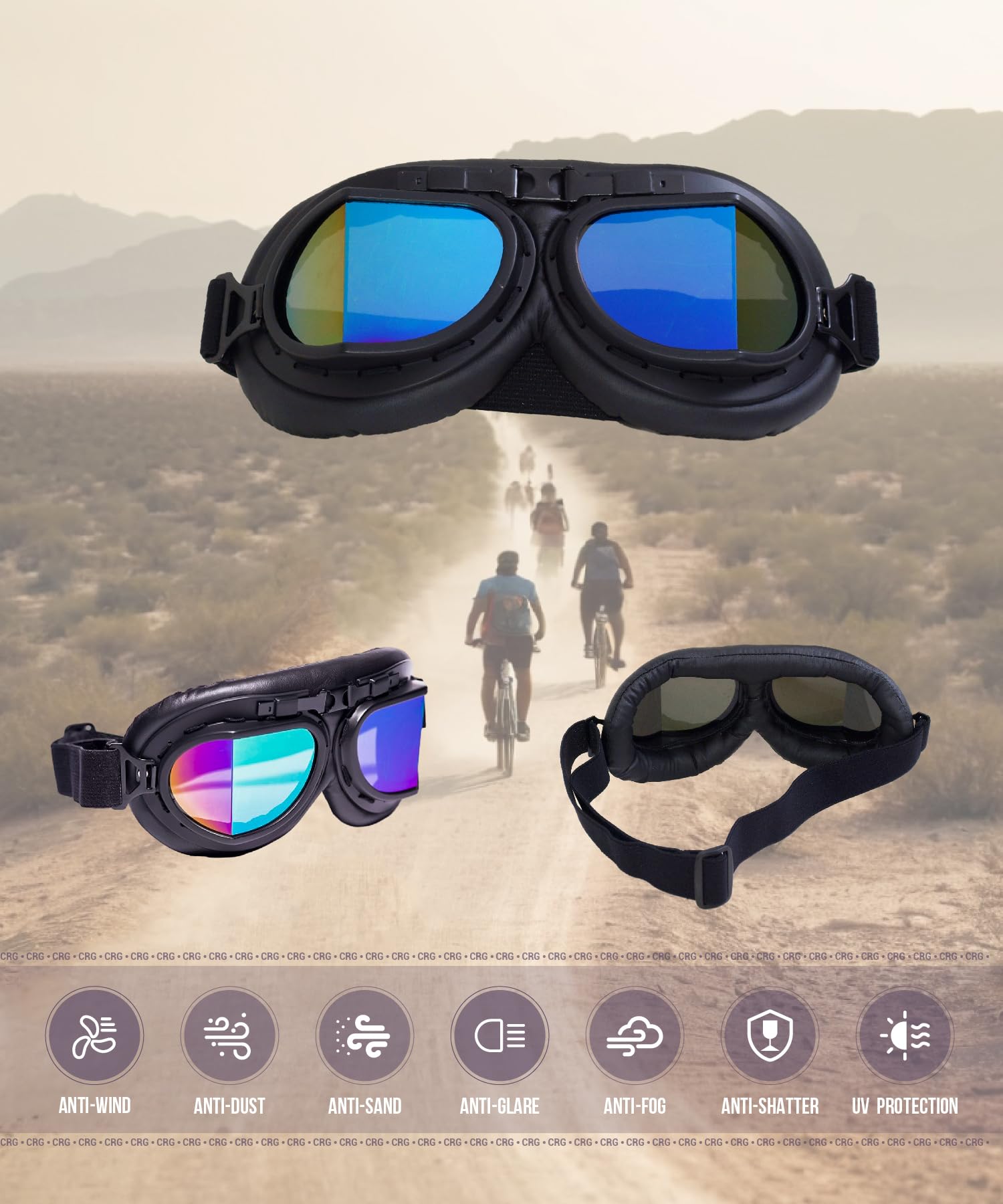 Crg Sports Vintage Aviator Pilot Style Motorcycle Cruiser Scooter Goggle T08 T08Brb Multi-Color Lens, Black Frame, Black Padding