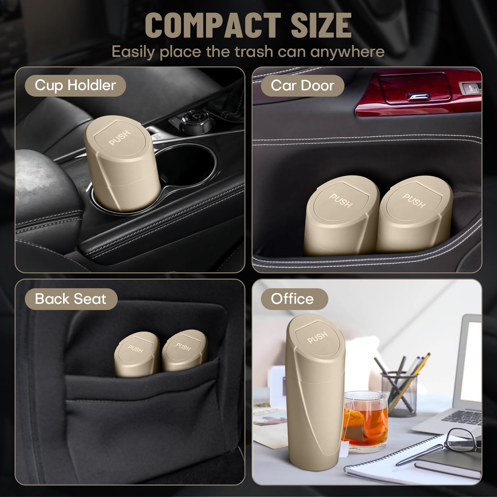 Car Trash Can Bin With Lid - 2 Packs Car Garbage Can Cup Holder - Beige Mini Leakproof Vehicle Trash Garbage Can Bin With 40Pcs