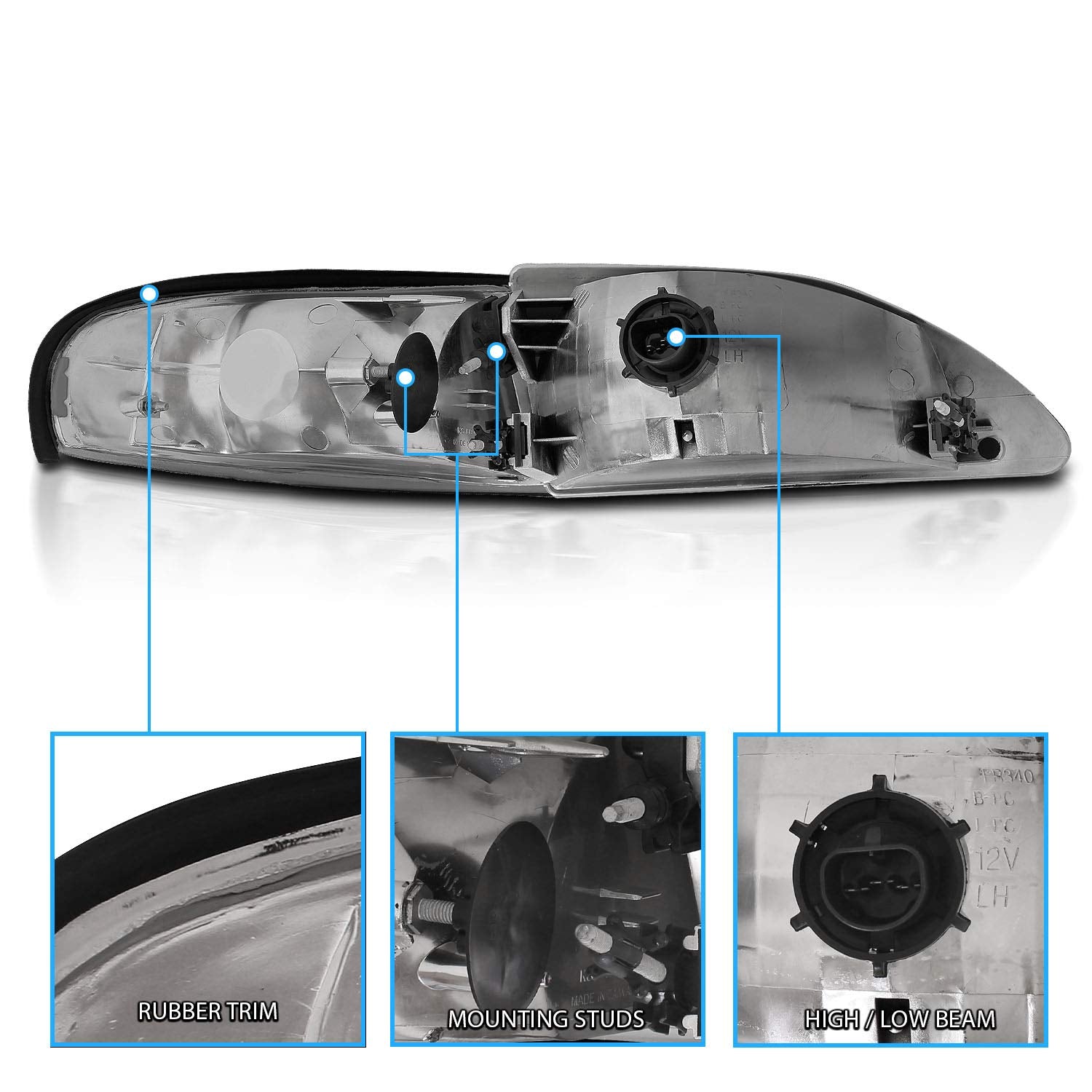 AmeriLite Smoke Headlights Corner Turn Signal Set for 94-98 Ford Mustang - Driver & Passenger Side
