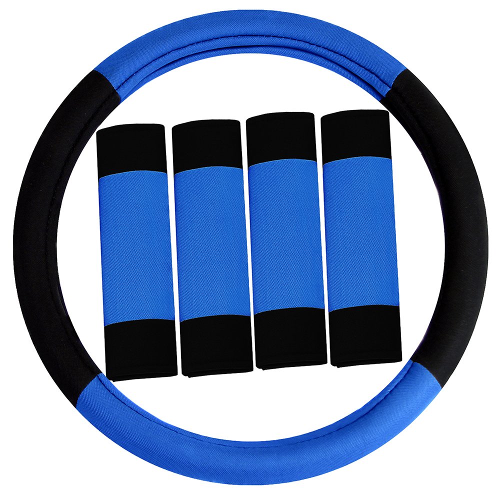 Fh Group Universal Fit Modernistic And Seat Belt Pads Combo Set Steering Wheel Cover Fits Most Cars, Suvs Blue