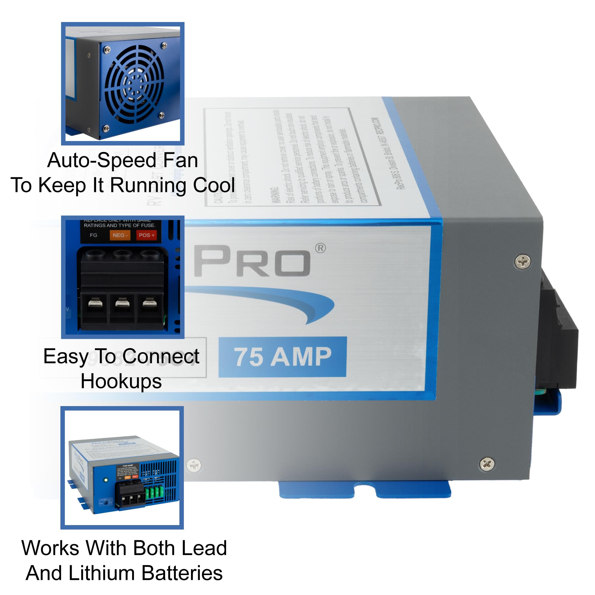 RecPro RV Converter 75-Amp | 120VAC to 12VDC Power Converter & Battery Charger | 13V-16.5V Operating Range