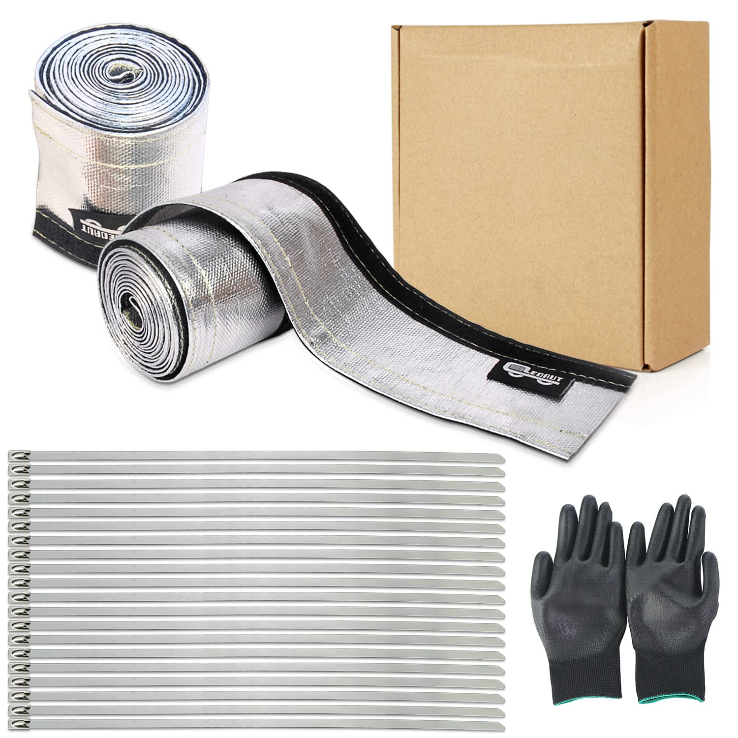 2 Pcs Heat Shroud Sleeve Aluminized Sleeving With Hook&Loop Closure 3/4'' I.D.X 10Ft With 20Pcs Stainless Steel Cable Metal Ties