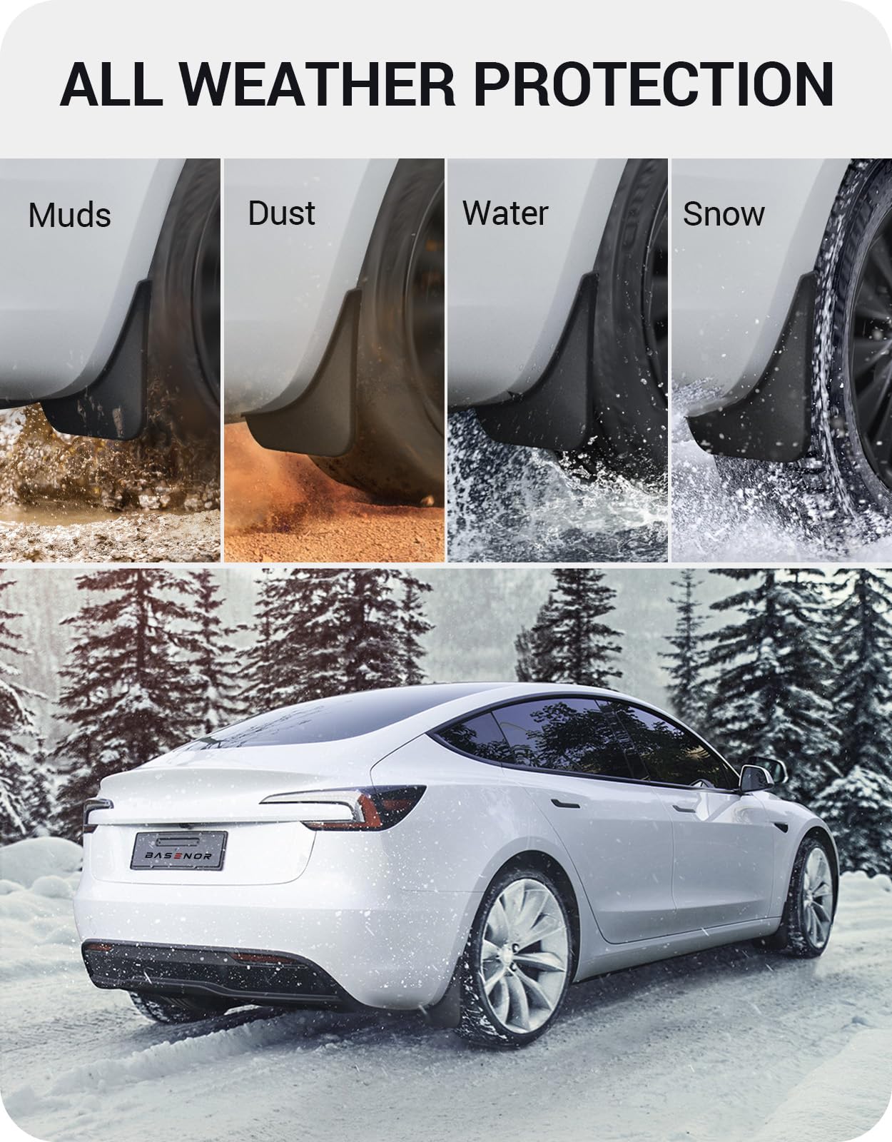 Basenor Upgraded 2024 2025 Tesla Model 3 Highland Mud Flaps Splash Guards Fenders No Drilling No Tape Mudflaps All Weather Prote
