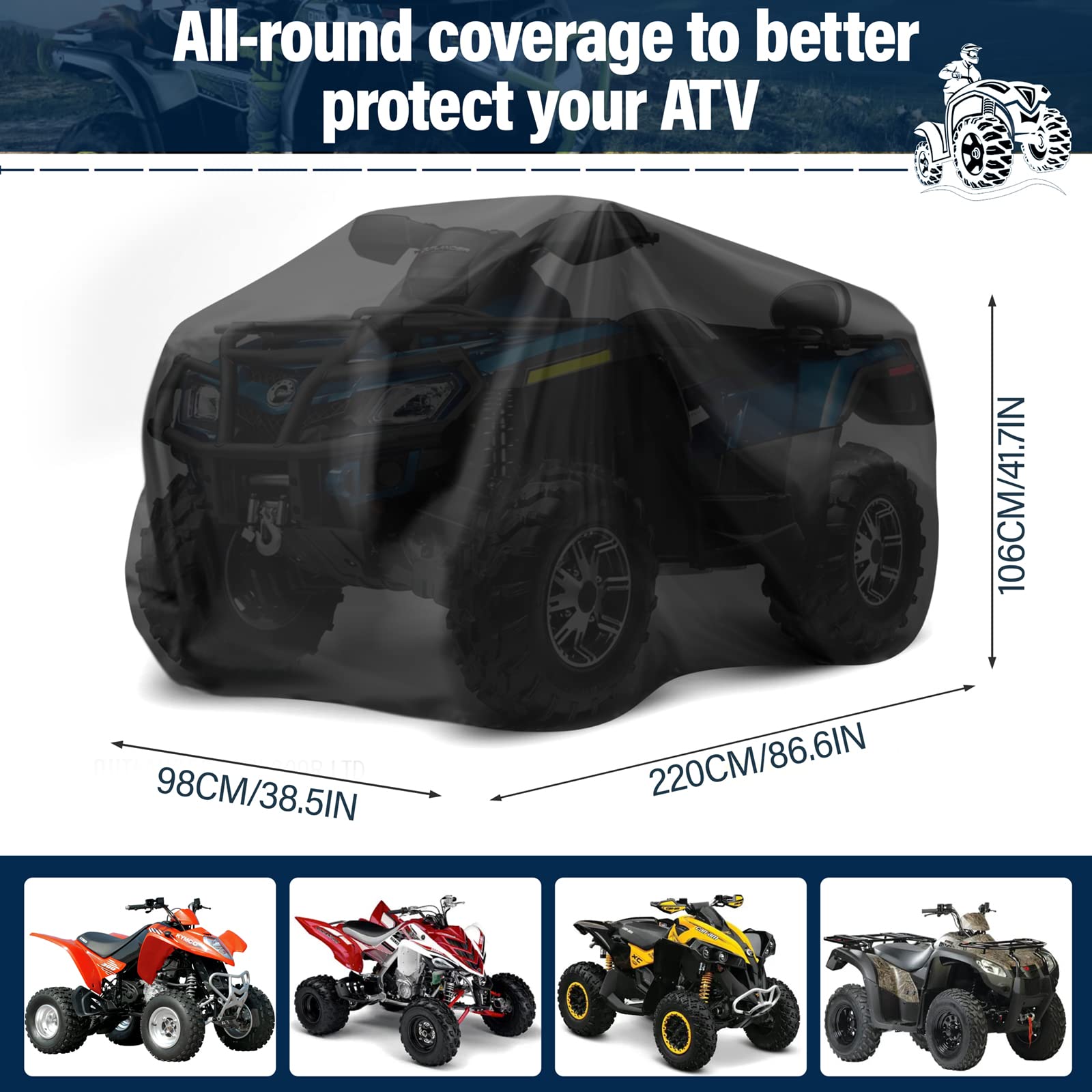 ZOEDO ATV Cover Waterproof, Heavy Duty Windproof Quad Covers, All Weather Protection 4 Wheeler Covers fit for Kawasaki, Honda, P