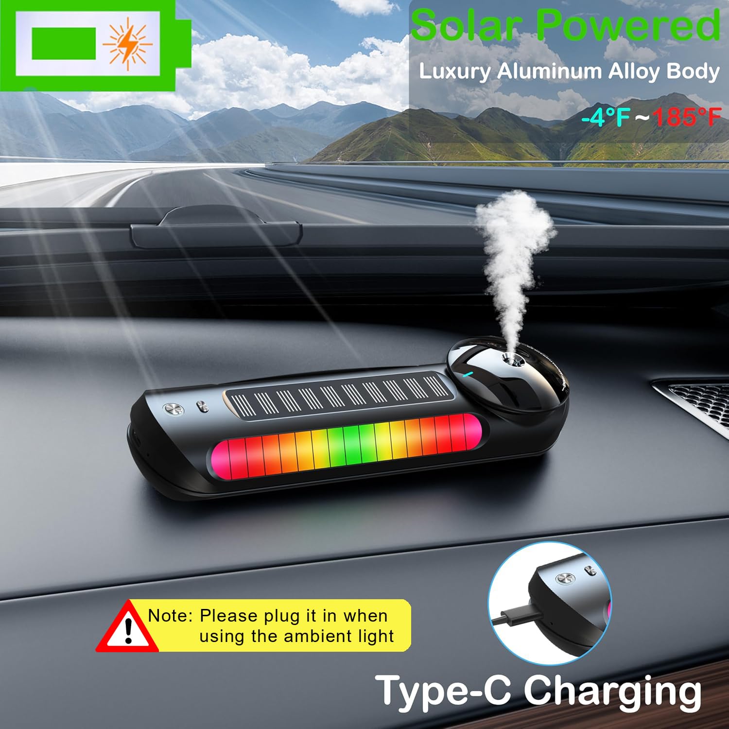 Smart Car Air Freshener, Solar Powered Car Diffuser, 70ML Essential Oil Diffuser Last 5 Months, Auto On/Off, Aluminum Alloy, 3 M