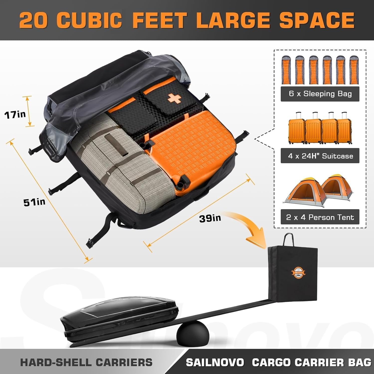 Sailnovo Rooftop Cargo Carrier Bag, 20 Cubic Feet, Waterproof 1000D Oxford Fabric, Black & Grey, Includes 6 Door Hooks & Storage Bag