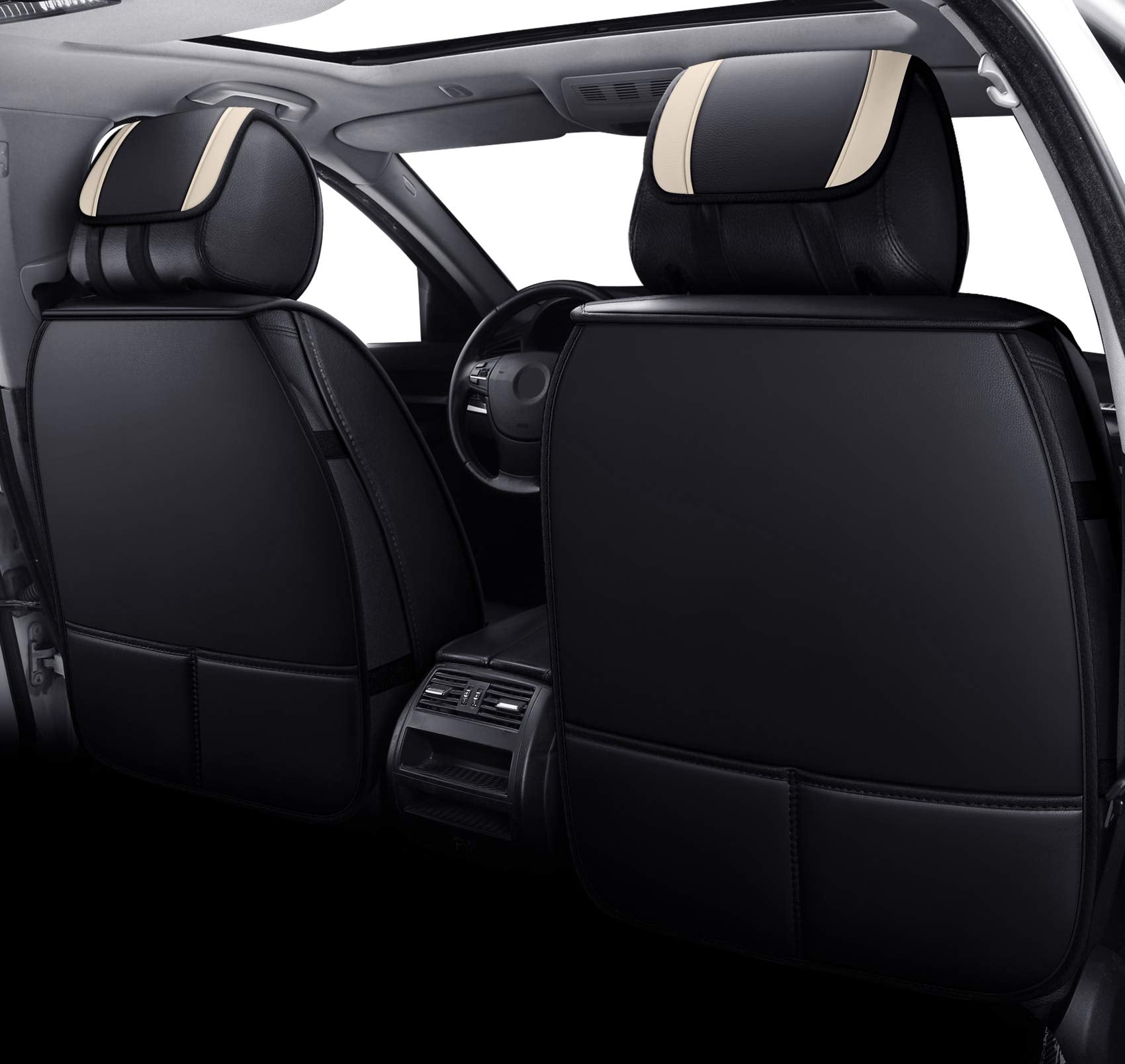 Aierxuan Leather Waterproof Front Seat Covers for Cars, Universal Fit, 2 PCS, Black-Beige, Model as-4