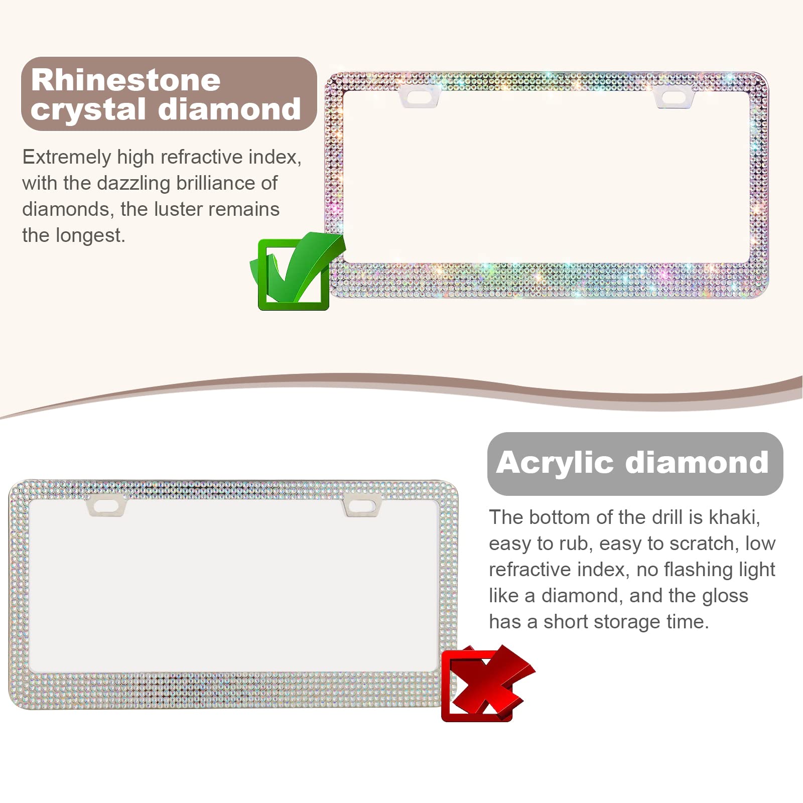 Quanqiufei 2 Pack Bling License Plate Frames For Women, Sparkly Rhinestone Diamond Car Accessories For Women, Handcrafted Stainless Steel Car License Plate Cover With Glitter Crystal Caps (Colorful)