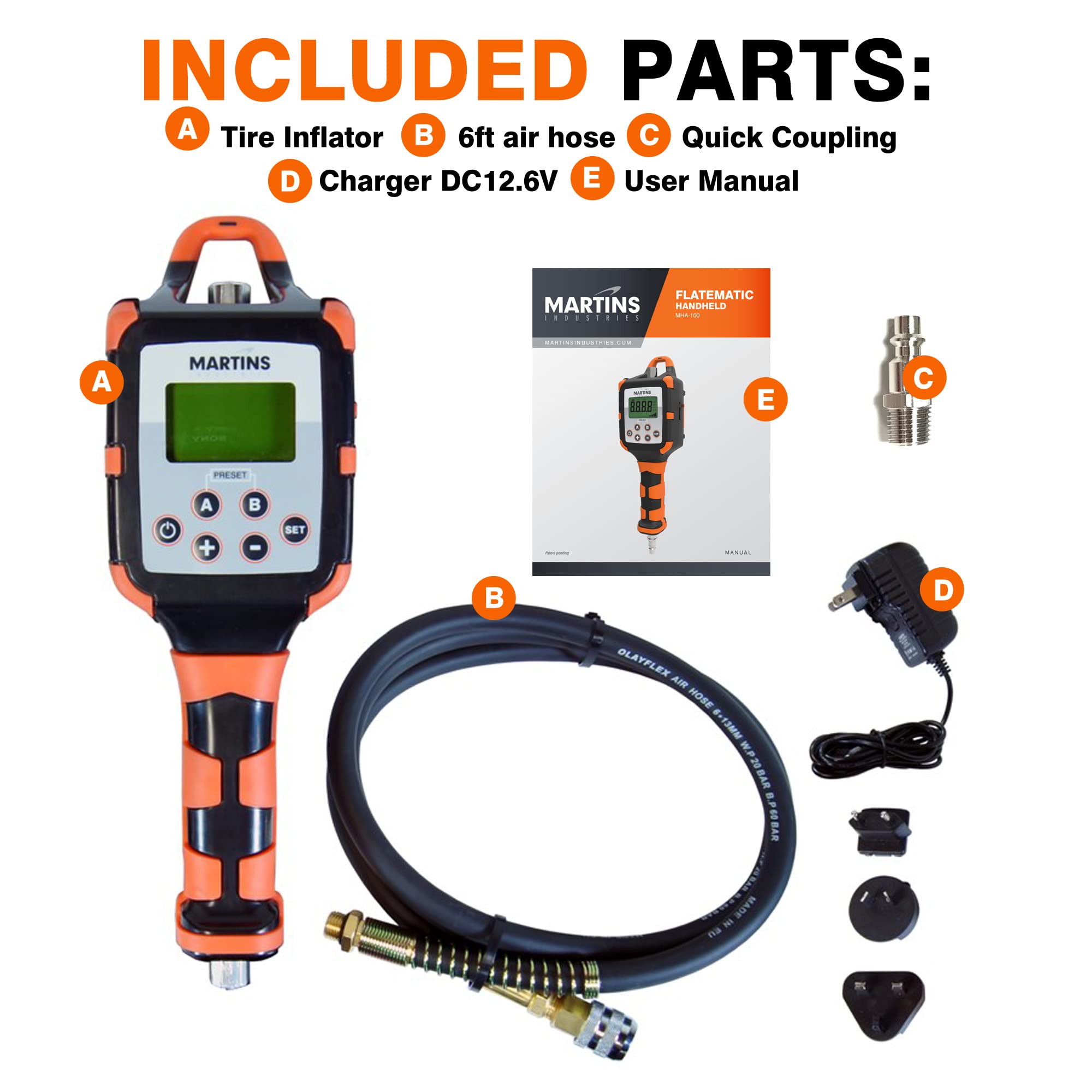 Martins Industries Flatematic Handheld Tire Inflator - 174 PSI, Automatic Inflate/Deflate, Rechargeable Lithium-ion Battery, Model MHA-100