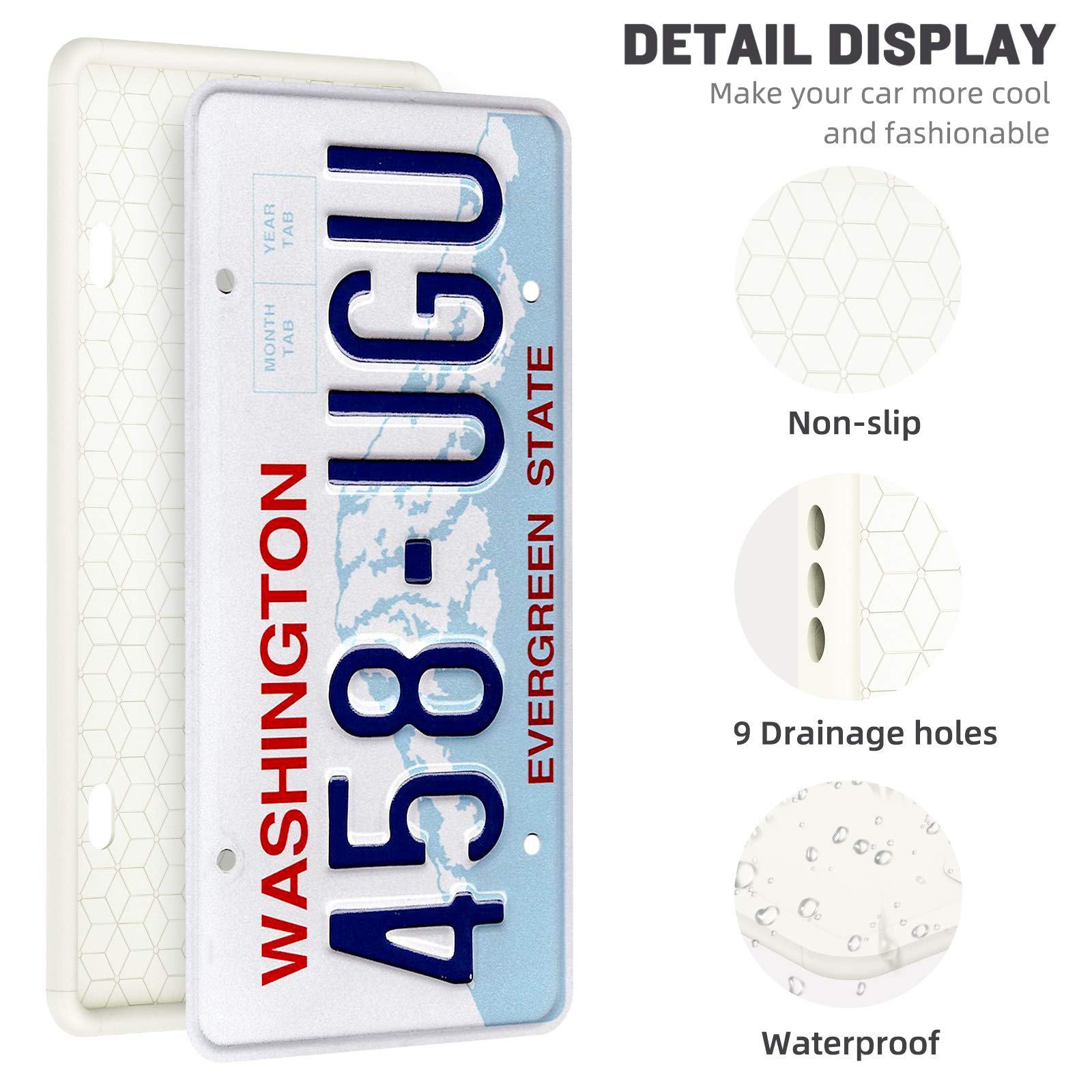Qiqamole 2 Pack Silicone License Plate Frame Front Back License Plate Cover License Plate Bracket Holder Rust-Proof Rattle-Proof Weather-Proof For Us Ca Standard Car & 2Pcs Water Coaster (White/Grow)