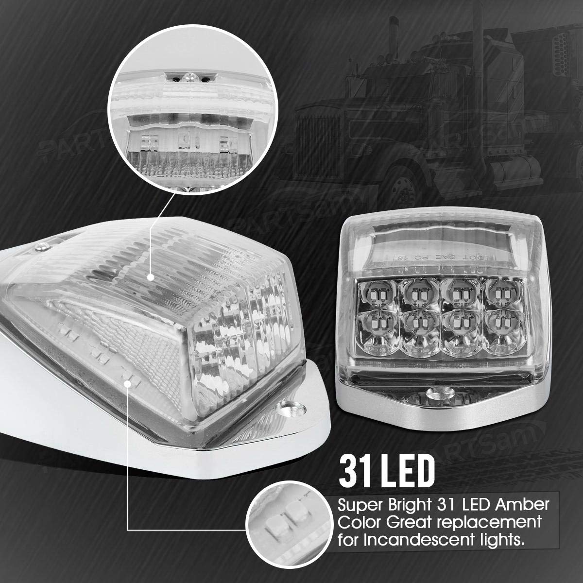 Partsam 5pcs Clear Lens 31LED Amber Cab Marker Lights, Chrome Base for Peterbilt, Kenworth, Freightliner, Mack, International Trucks