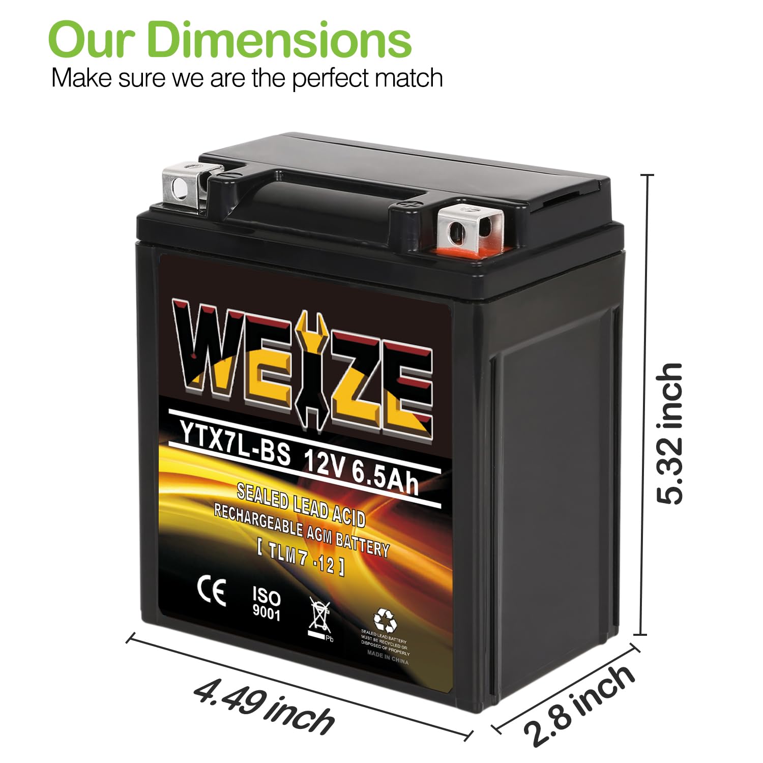WEIZE YTX7L-BS ATV Battery - 120CCA Maintenance-Free Sealed AGM - 4.49x2.8x5.32 inches, Compatible with Honda Kawasaki Suzuki